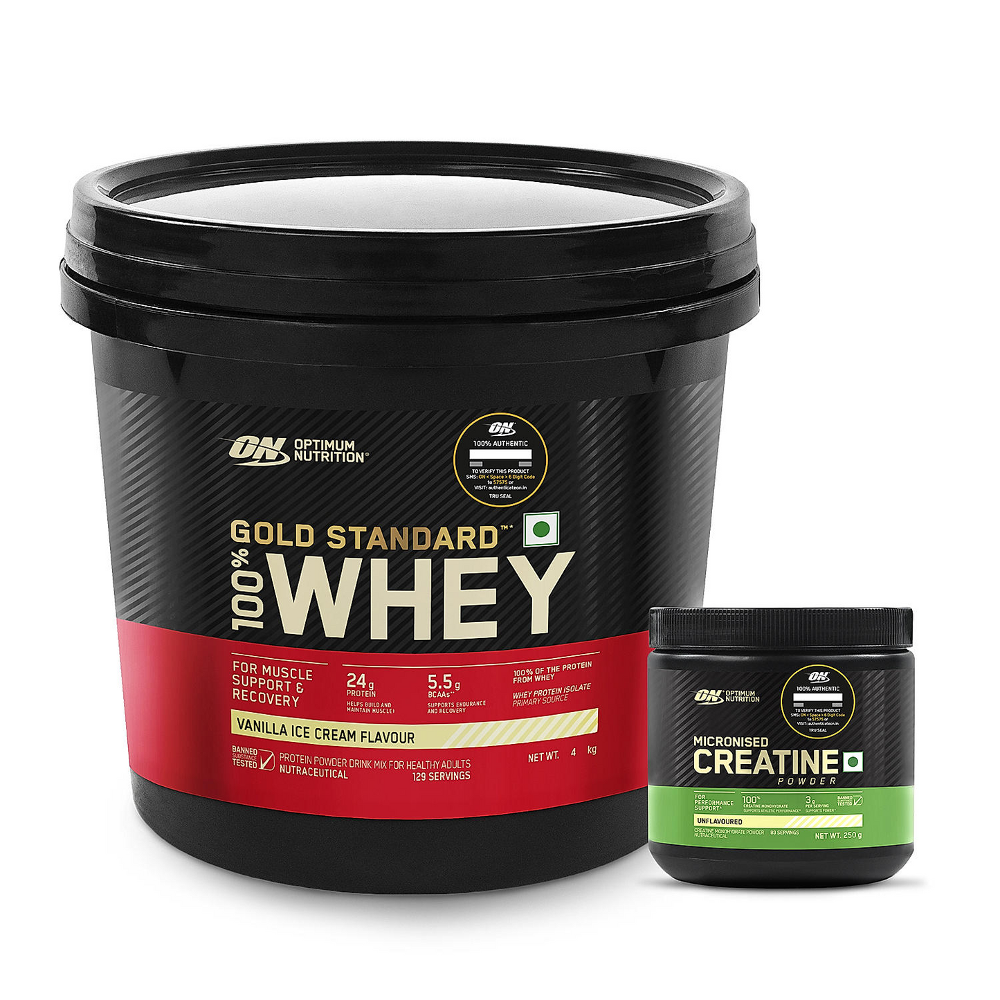 Gold Standard 100% Whey Protein Powder | Vanilla Ice Cream | 4 kg and Micronised Creatine Powder | Unflavoured | 250 g Gold Standard 100% Whey Protein Powder | Vanilla Ice Cream | 4 kg and Micronised Creatine Powder | Unflavoured | 250 g