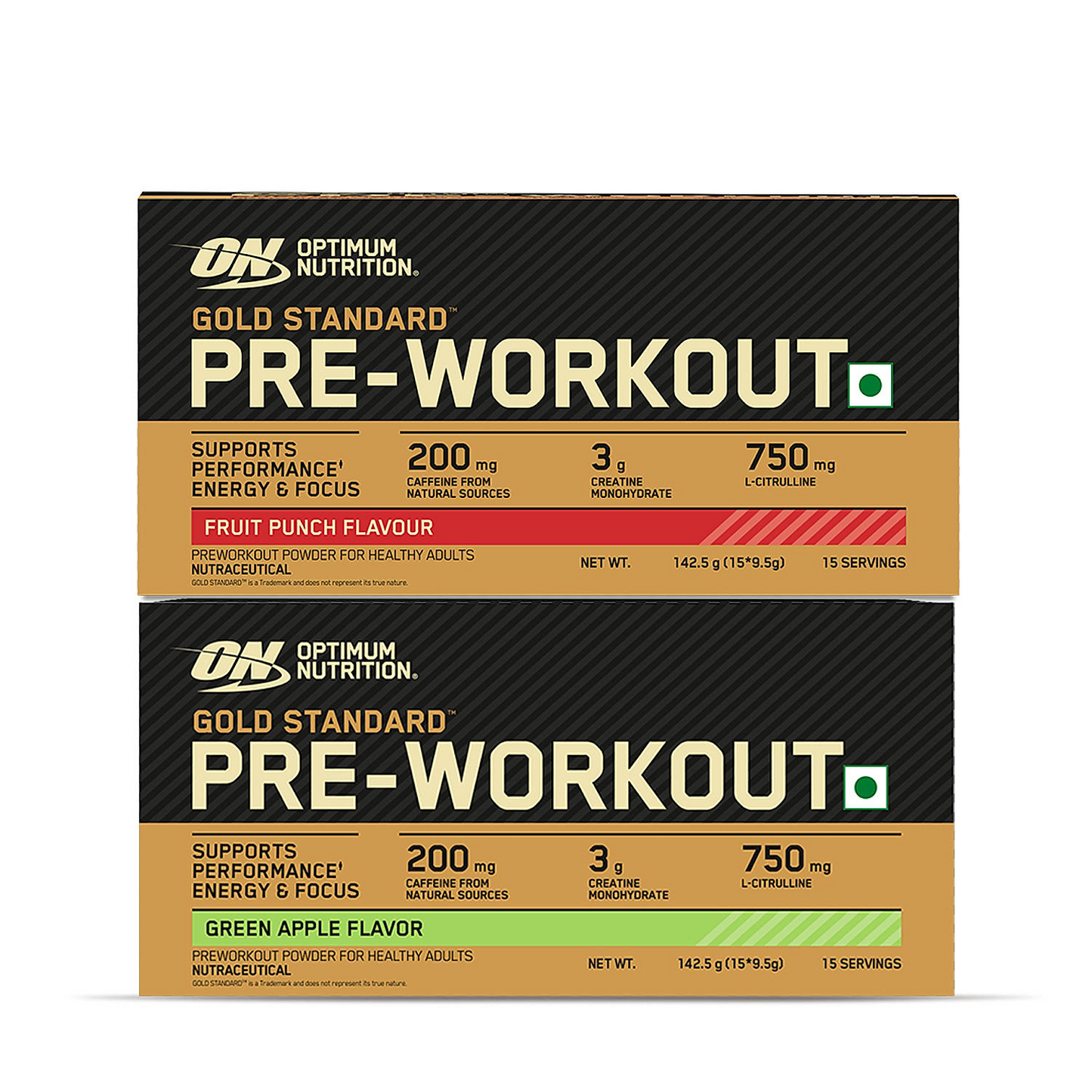 Optimum Nutrition (ON) Gold Standard Pre-Workout- 142.5g/15 single serve packs (Fruit Punch Flavor), For Energy, Focus, Power, Endurance & Performance and Optimum Nutrition Gold Standard Pre-Workout- 142.5g/15 single serve packs (Green Apple Flavor) Optimum Nutrition (ON) Gold Standard Pre-Workout- 142.5g/15 single serve packs (Fruit Punch Flavor), For Energy, Focus, Power, Endurance & Performance and Optimum Nutrition Gold Standard Pre-Workout- 142.5g/15 single serve packs (Green Apple Flavor)