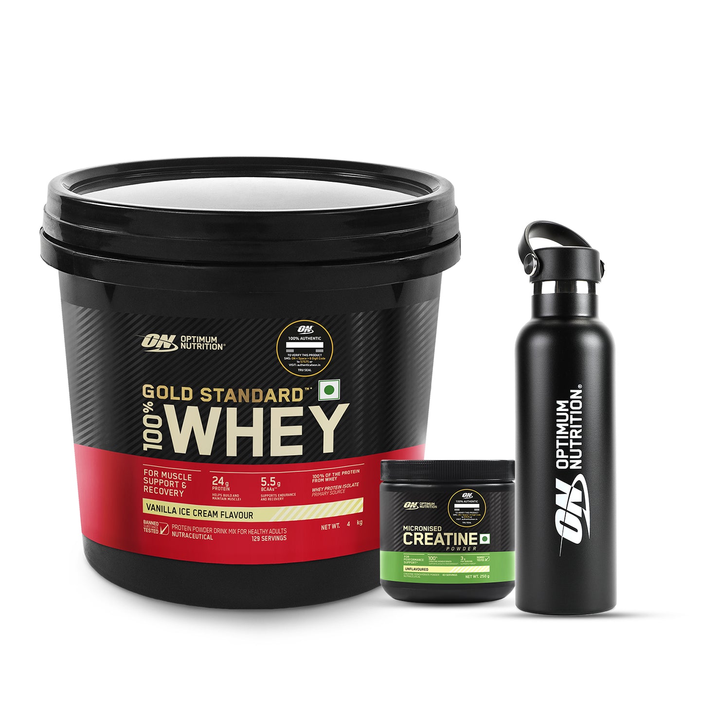 Muscle & Hydration Pro (Vanilla) - Gold Standard 100% Whey Protein Powder Vanilla Ice Cream 4 kg + Micronized Creatine Powder Unflavoured 250 g + FREE Black Insulated Bottle