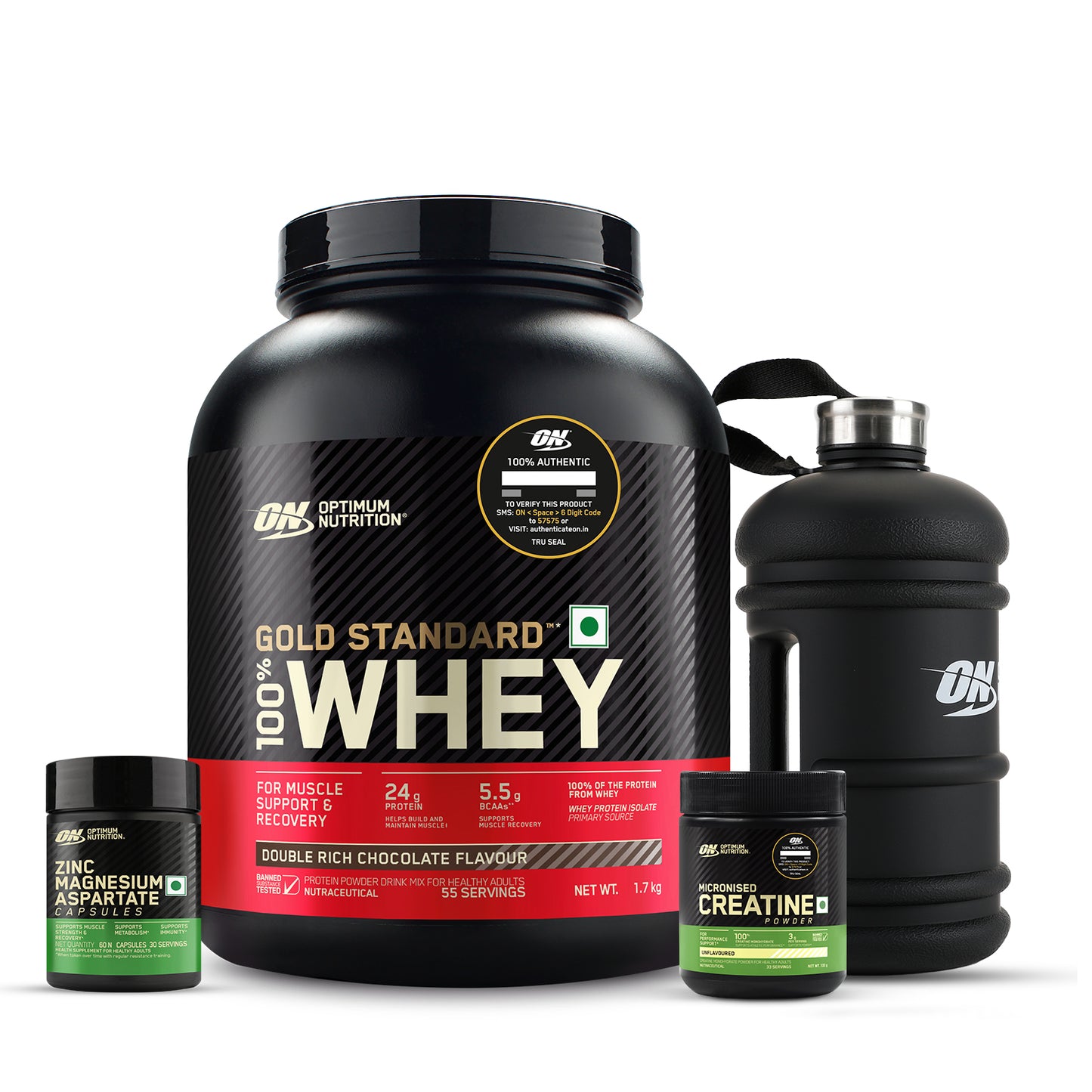 Ultimate Gainer Combo - Gold Standard 100% Whey Protein Powder | Double Rich Chocolate | 1.7 kg + Micronized Creatine Powder | Unflavoured|100 g + Zinc Magnesium Aspartate (ZMA) - 60 Capsules + FREE Gallon Bottle