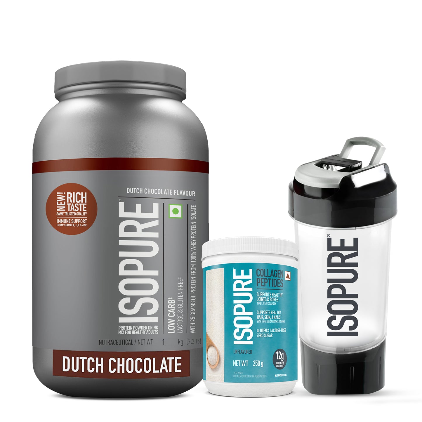 BeautyPro (Chocolate) - Isopure Dutch Chocolate 1 kg + Isopure Collagen Peptides + FREE Isopure Shaker