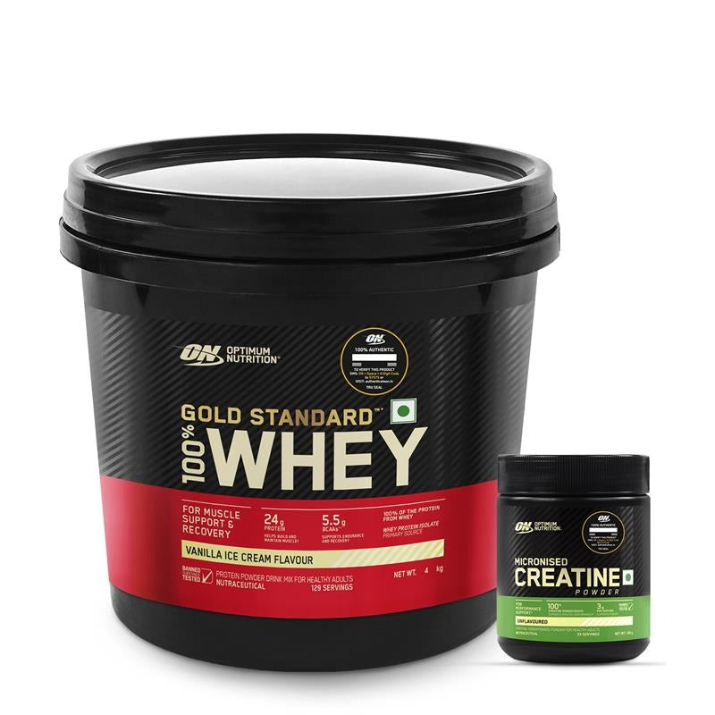 Gold Standard 100% Whey Protein Powder | Vanilla Ice Cream | 4 kg and Micronized Creatine Powder | Unflavoured|100 g