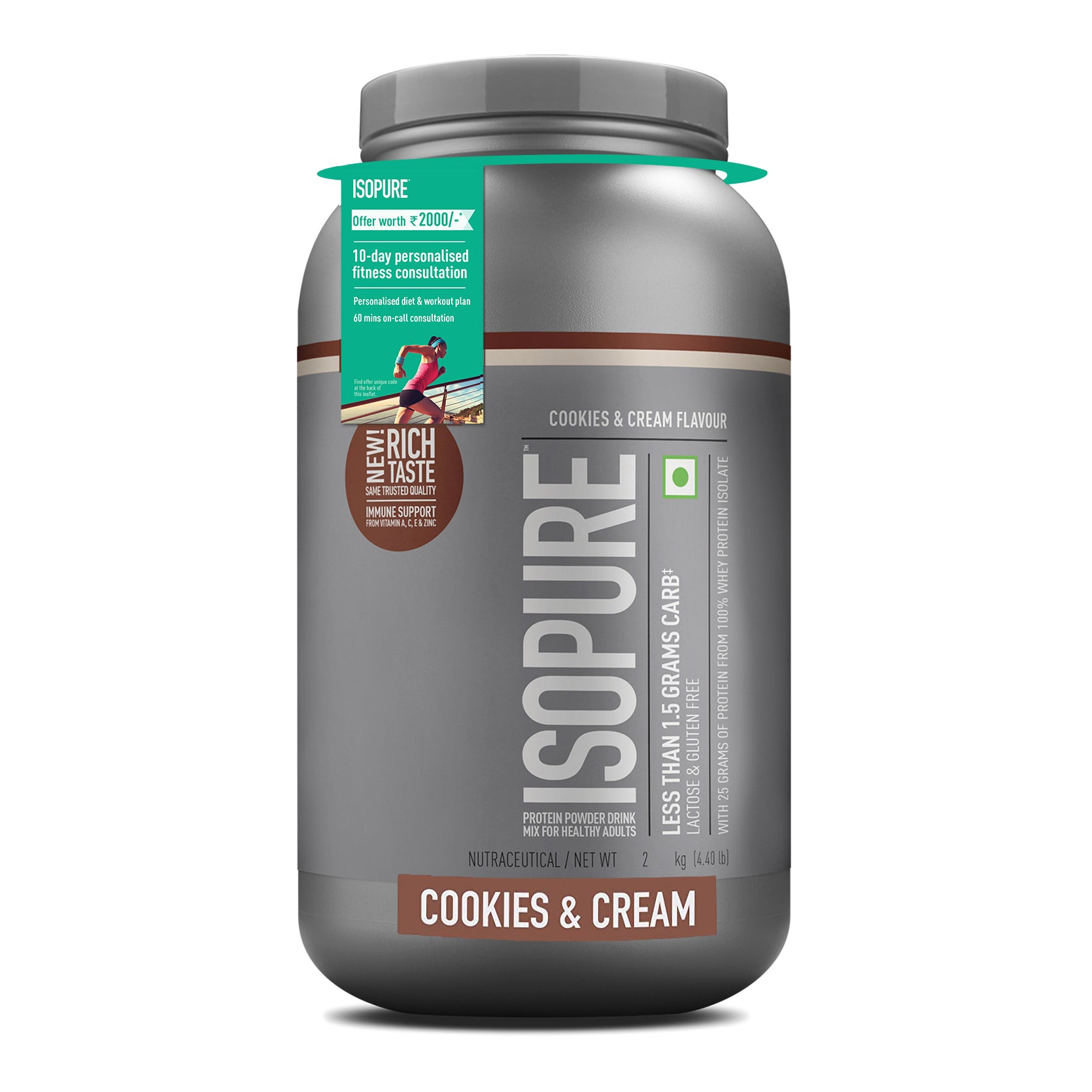 Isopure Whey Protein Isolate Powder with Vitamins for Immune Support - 2 kg (Cookies & Cream)