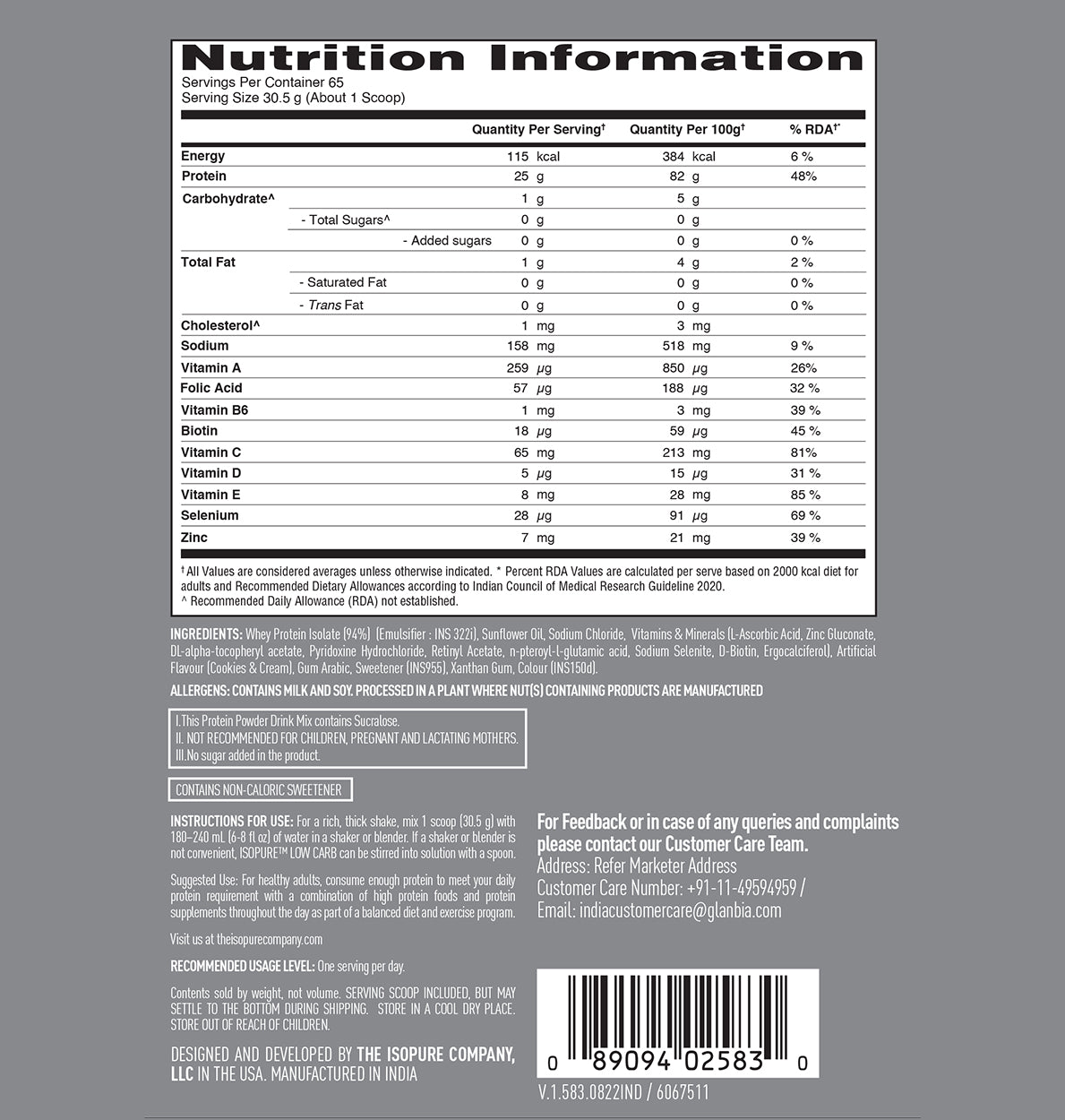 Isopure Whey Protein Isolate Powder with Vitamins for Immune Support - 2 kg (Cookies & Cream)