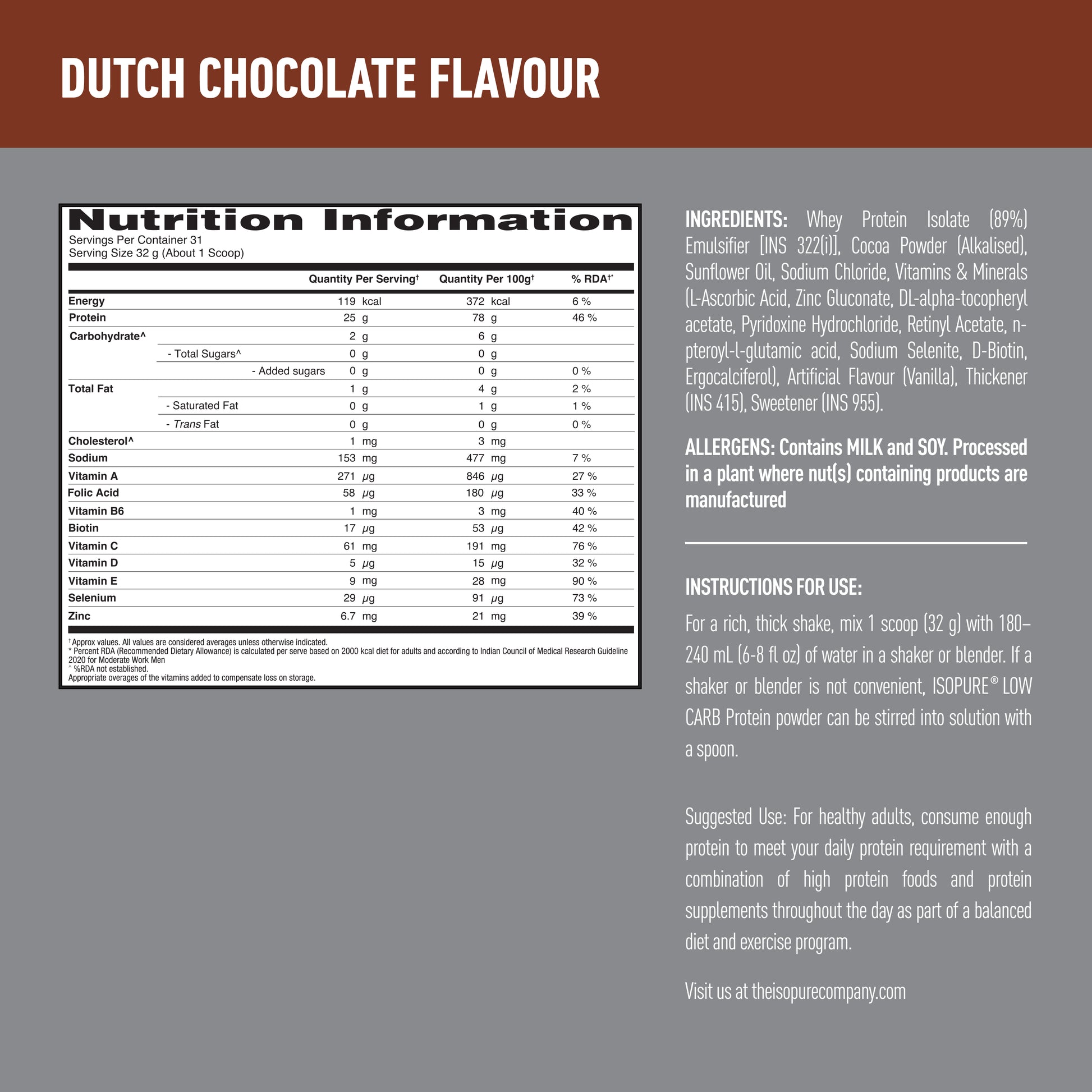 Isopure Low Carb Whey Protein Isolate Powder | Dutch Chocolate | 1 Kg