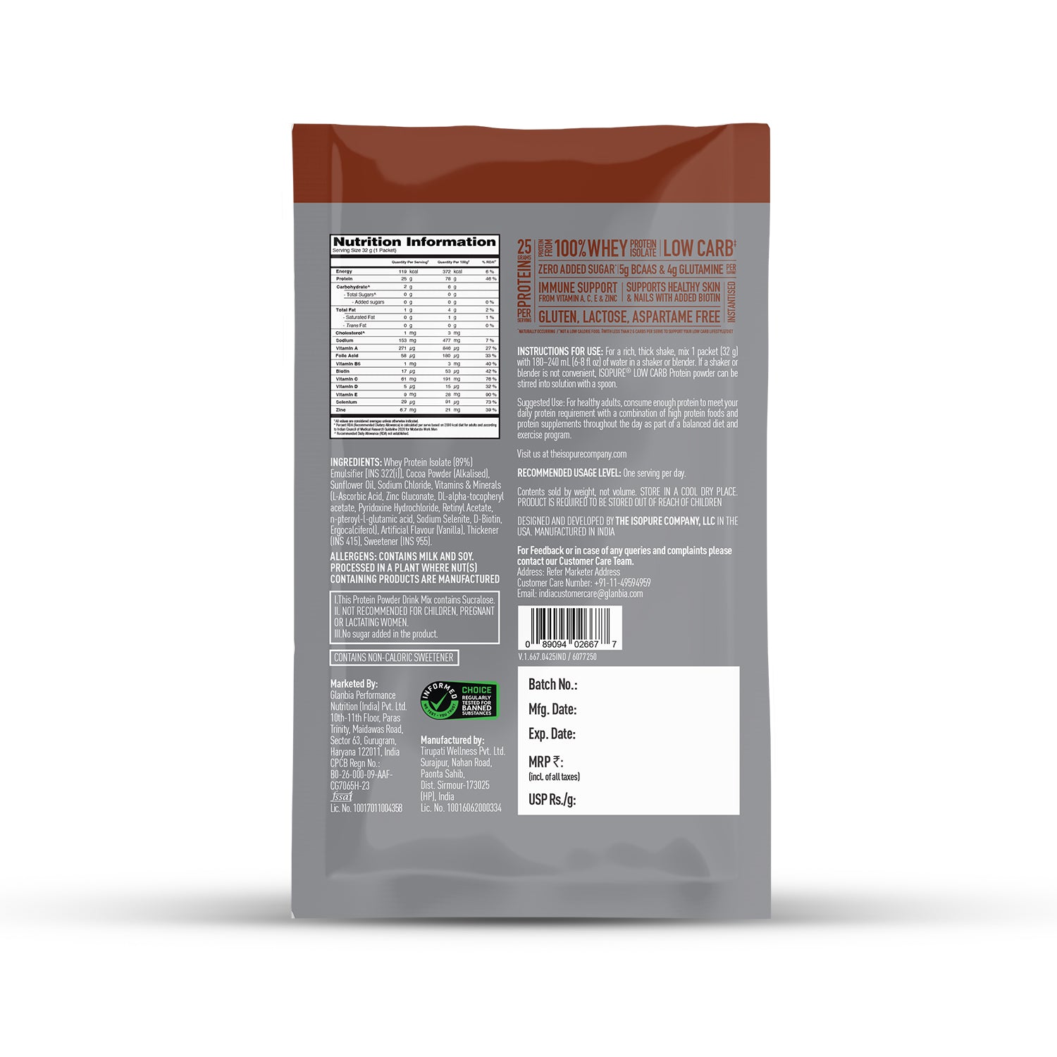 Isopure Low Carb Dutch Chocolate Whey Isolate Protein Powder- Pack of 5 single serve sachets