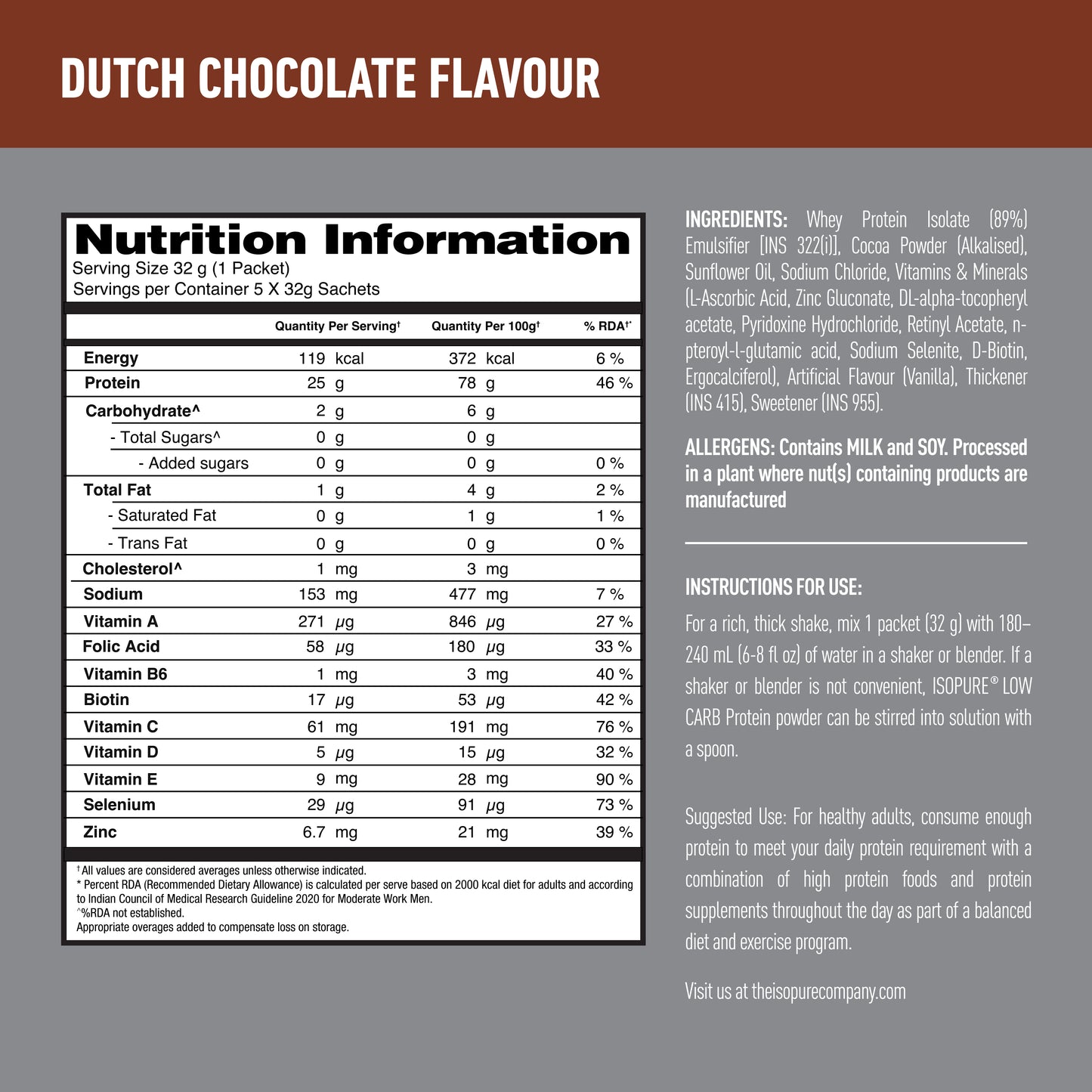 Isopure Low Carb Dutch Chocolate Whey Isolate Protein Powder- Pack of 5 single serve sachets