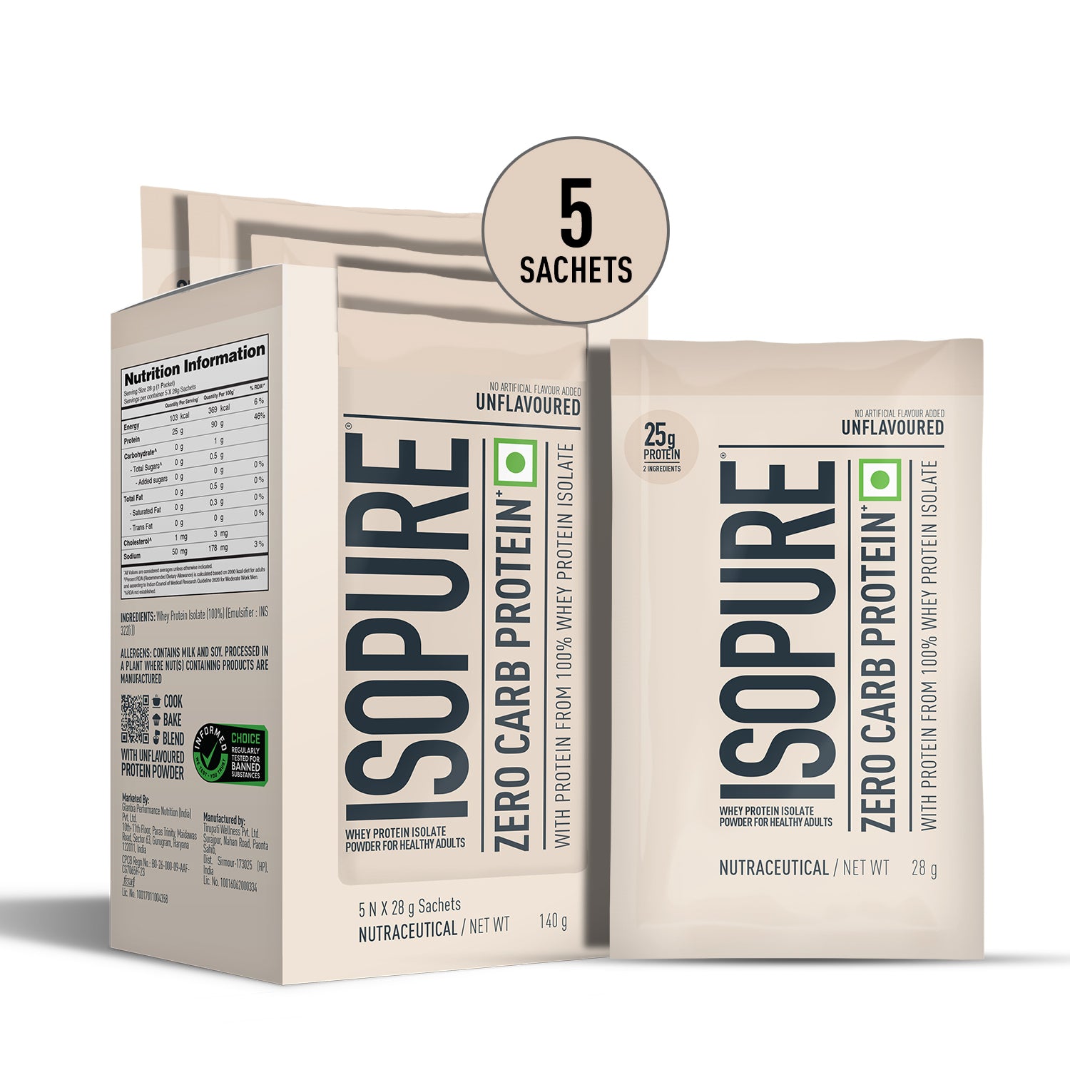 Isopure Zero Carb Unflavored Whey Isolate Protein Powder- Pack of 5 single serve sachets