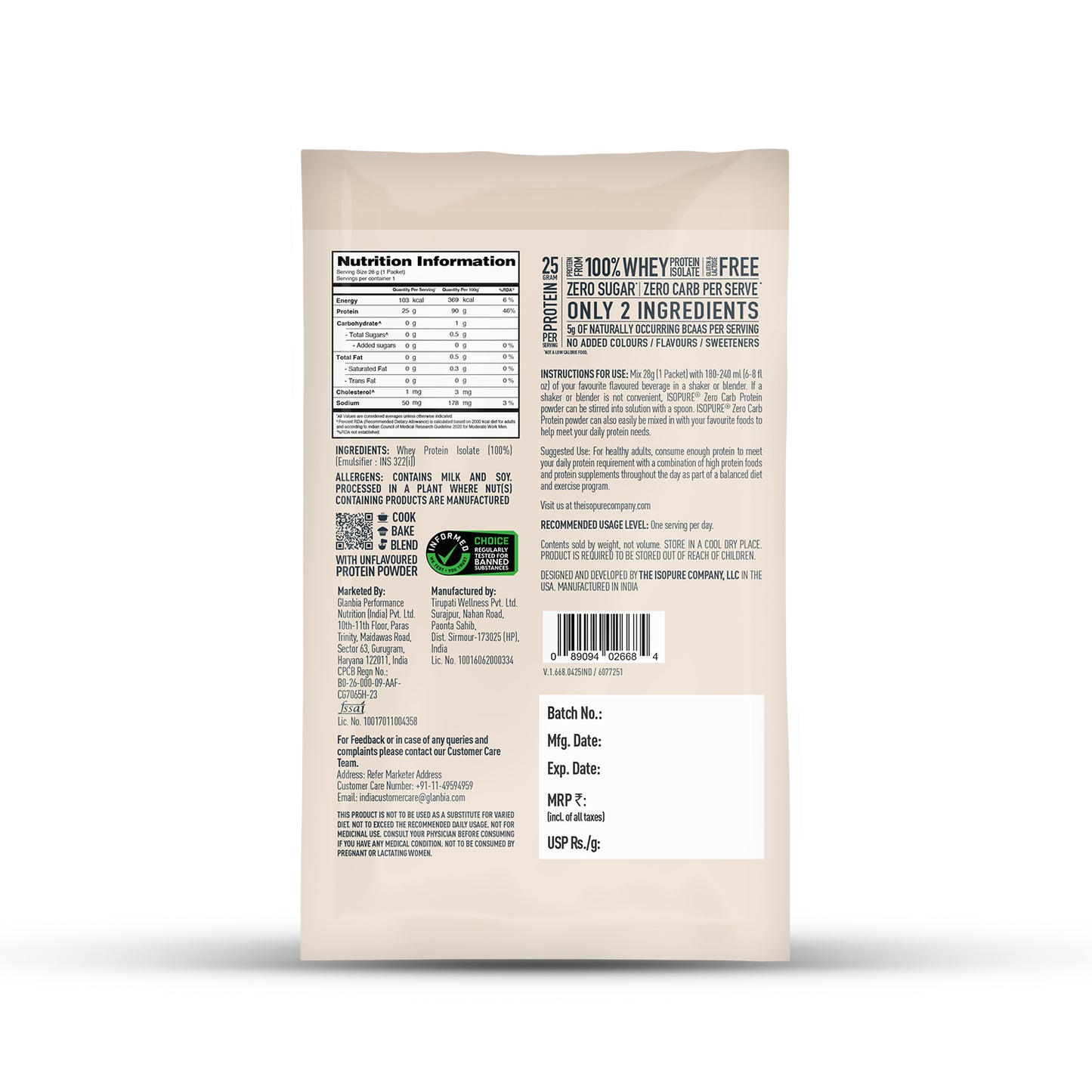 Isopure Zero Carb Unflavored Whey Isolate Protein Powder- Pack of 5 single serve sachets