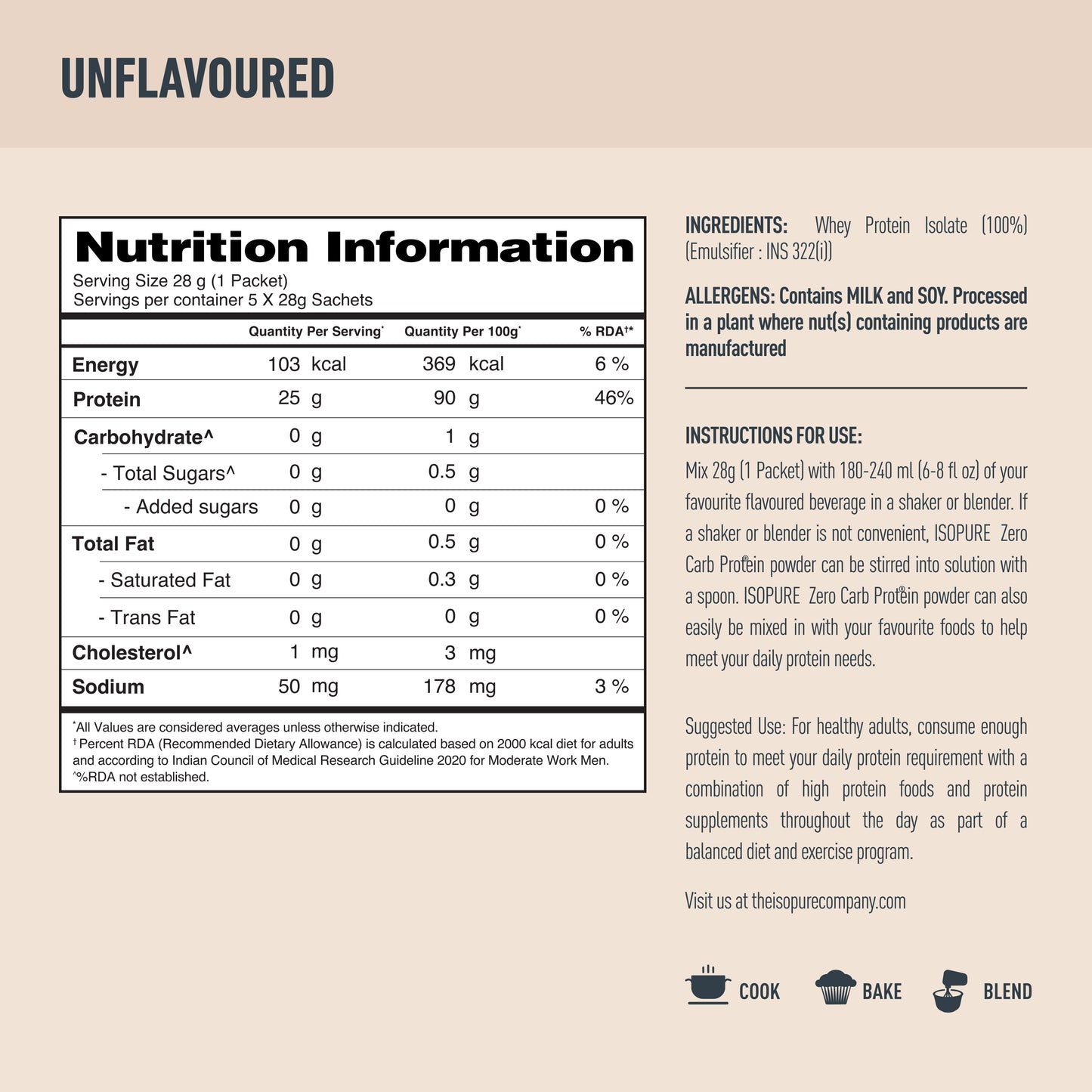 Isopure Zero Carb Unflavored Whey Isolate Protein Powder- Pack of 5 single serve sachets