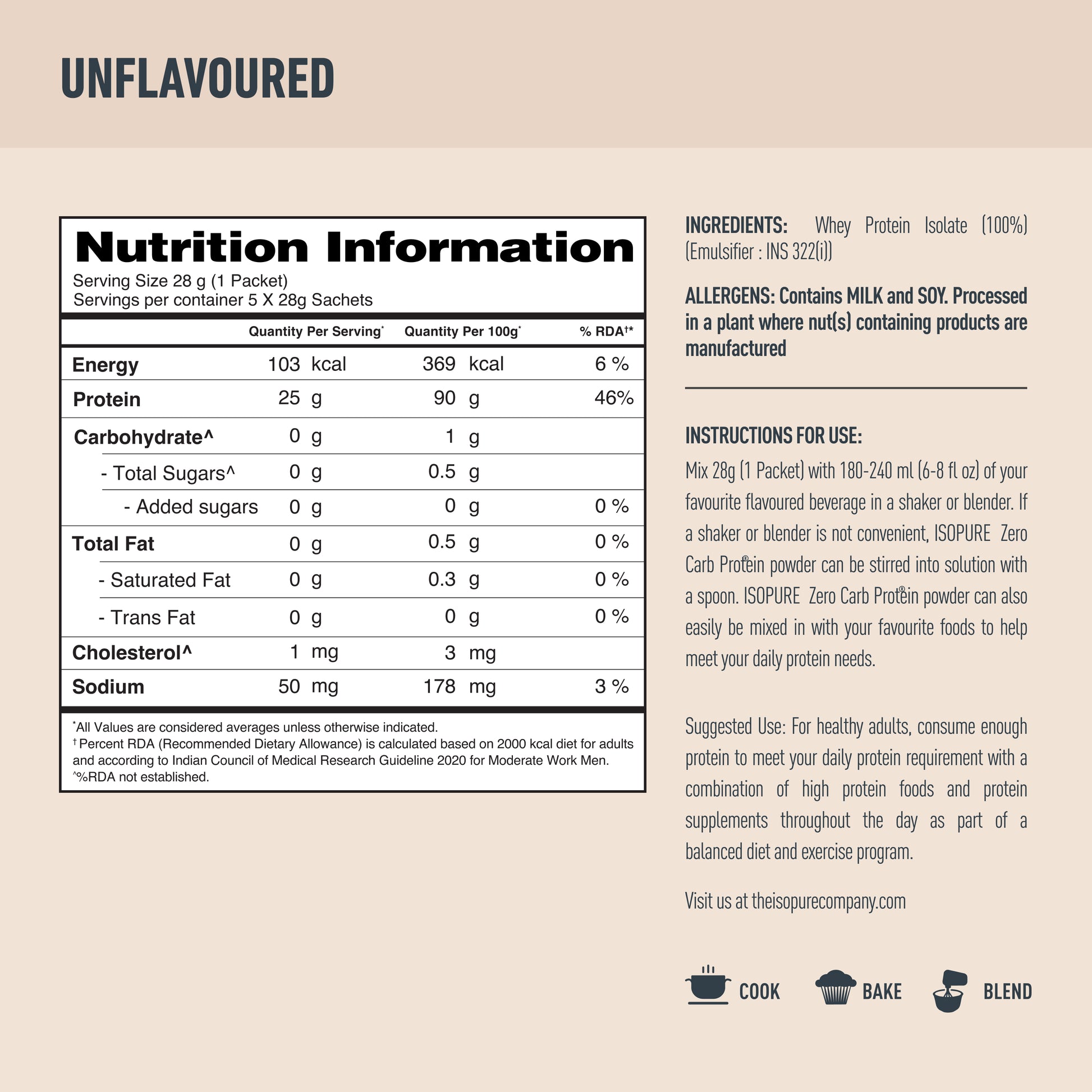 Isopure Zero Carb Unflavored Whey Isolate Protein Powder- Pack of 5 single serve sachets