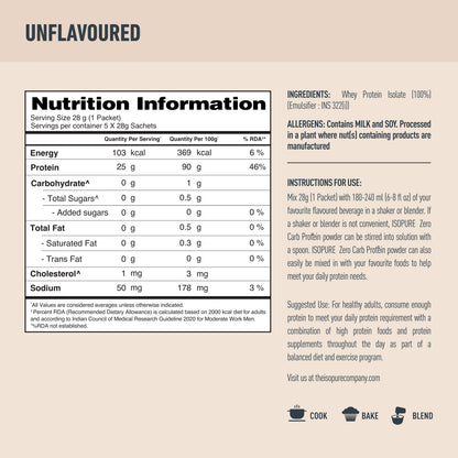 Isopure Zero Carb Unflavored Whey Isolate Protein Powder- Pack of 5 single serve sachets