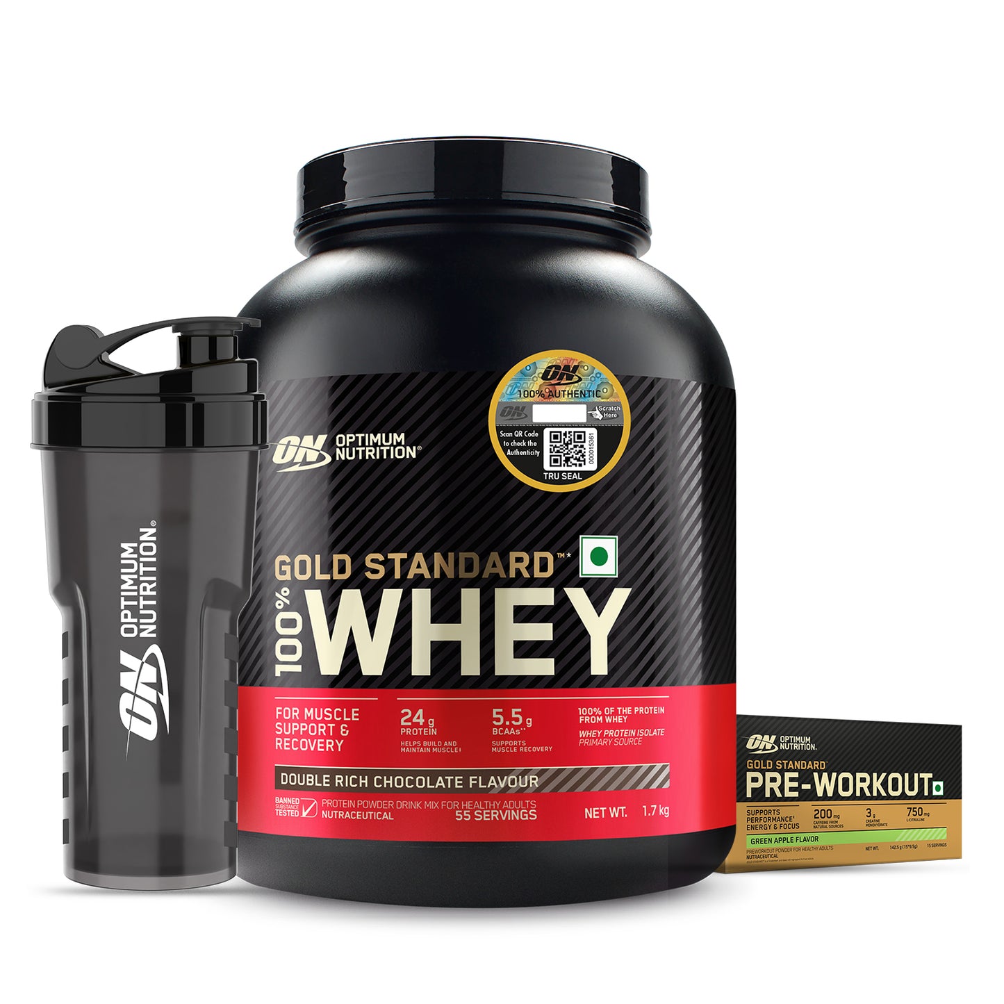 Gold Standard 100% Whey | 1.7 kg | Double Rich Chocolate + Optimum Nutrition (ON) Gold Standard Pre-Workout- 142.5g/15 single serve packs (Green Apple Flavor) + FREE Optimum Nutrition Shaker