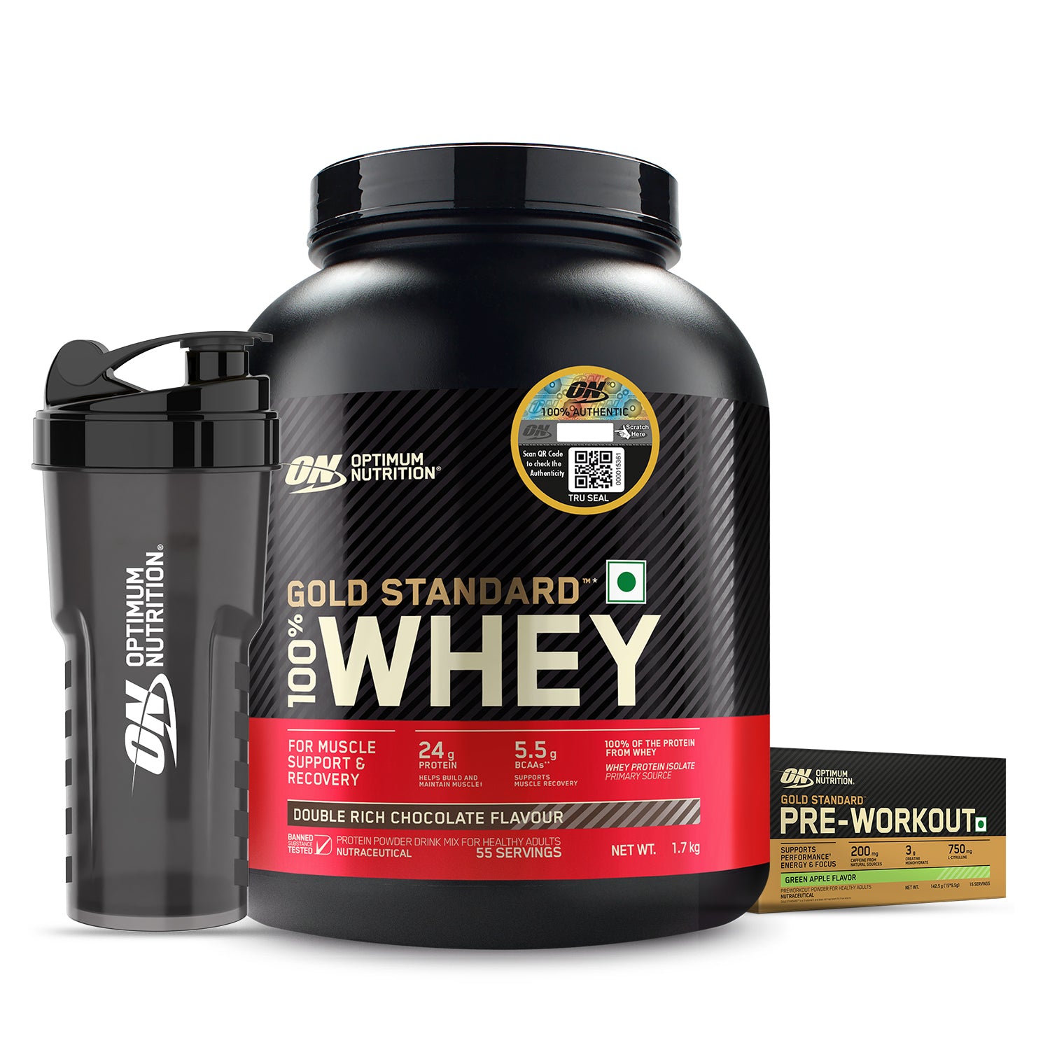 Gold Standard 100% Whey | 1.7 kg | Double Rich Chocolate + Optimum Nutrition (ON) Gold Standard Pre-Workout- 142.5g/15 single serve packs (Green Apple Flavor) + FREE Optimum Nutrition Shaker