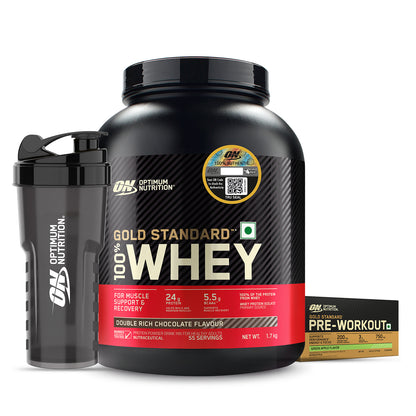 Gold Standard 100% Whey | 1.7 kg | Double Rich Chocolate + Optimum Nutrition (ON) Gold Standard Pre-Workout- 142.5g/15 single serve packs (Green Apple Flavor) + FREE Optimum Nutrition Shaker