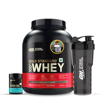 Gold Standard 100% Whey | 1.7 kg | Double Rich Chocolate + Fish Oil - 60 Capsules + FREE Optimum Nutrition Shaker