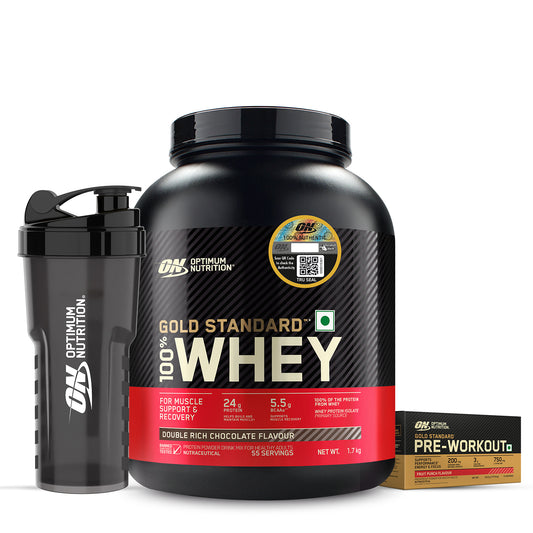 Gold Standard 100% Whey | 1.7 kg | Double Rich Chocolate + Optimum Nutrition (ON) Gold Standard Pre-Workout- 142.5g/15 single serve packs (Fruit Punch Flavor) + FREE Optimum Nutrition Shaker