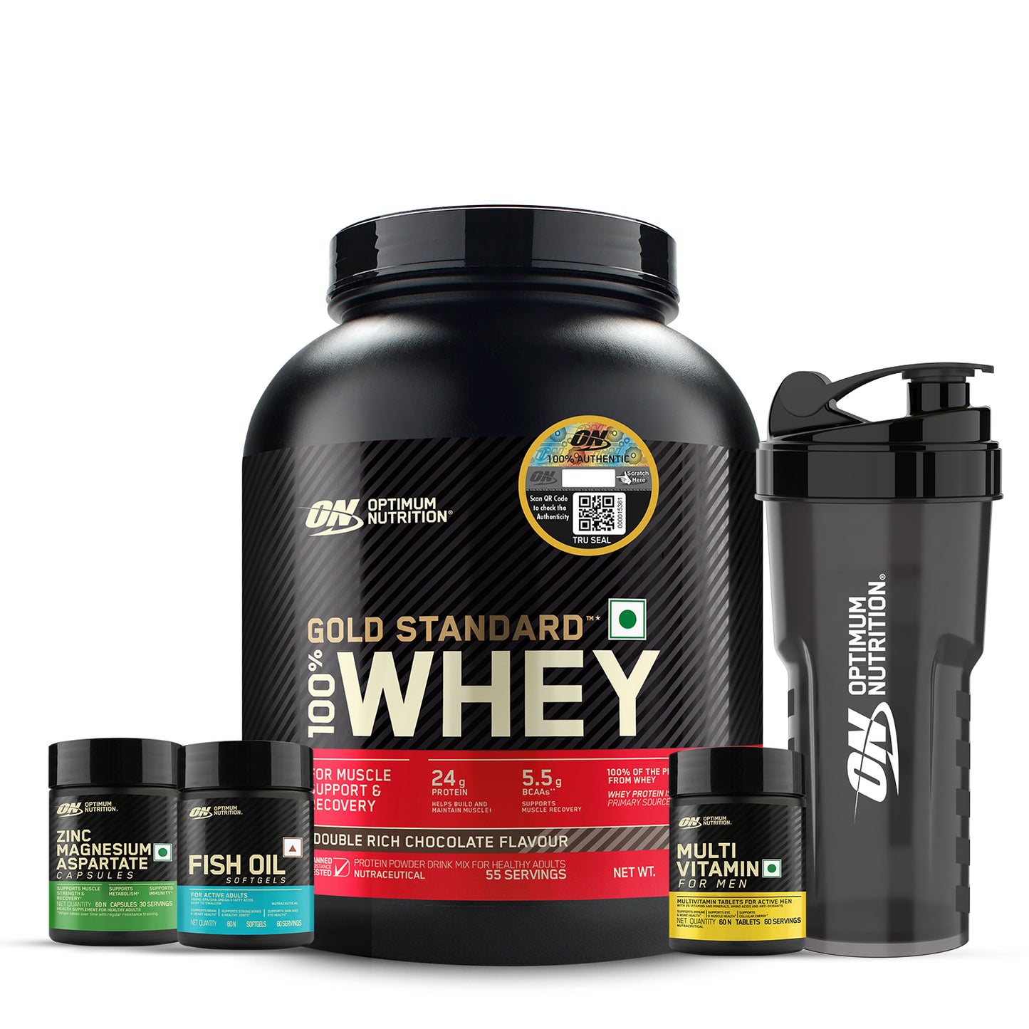 Gold Standard 100% Whey | 1.7 kg | Double Rich Chocolate + Multivitamin for MEN- 60 Tablets + Zinc Magnesium Aspartate (ZMA) - 60 Capsules + Fish Oil - 60 Capsules + FREE Optimum Nutrition Shaker