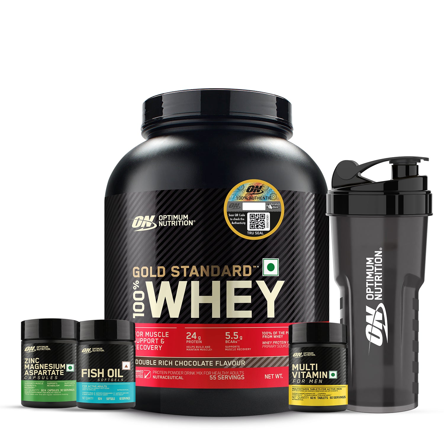 Gold Standard 100% Whey | 1.7 kg | Double Rich Chocolate + Multivitamin for MEN- 60 Tablets + Zinc Magnesium Aspartate (ZMA) - 60 Capsules + Fish Oil - 60 Capsules + FREE Optimum Nutrition Shaker