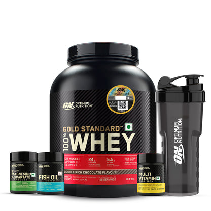 Gold Standard 100% Whey | 1.7 kg | Double Rich Chocolate + Multivitamin for MEN- 60 Tablets + Zinc Magnesium Aspartate (ZMA) - 60 Capsules + Fish Oil - 60 Capsules + FREE Optimum Nutrition Shaker