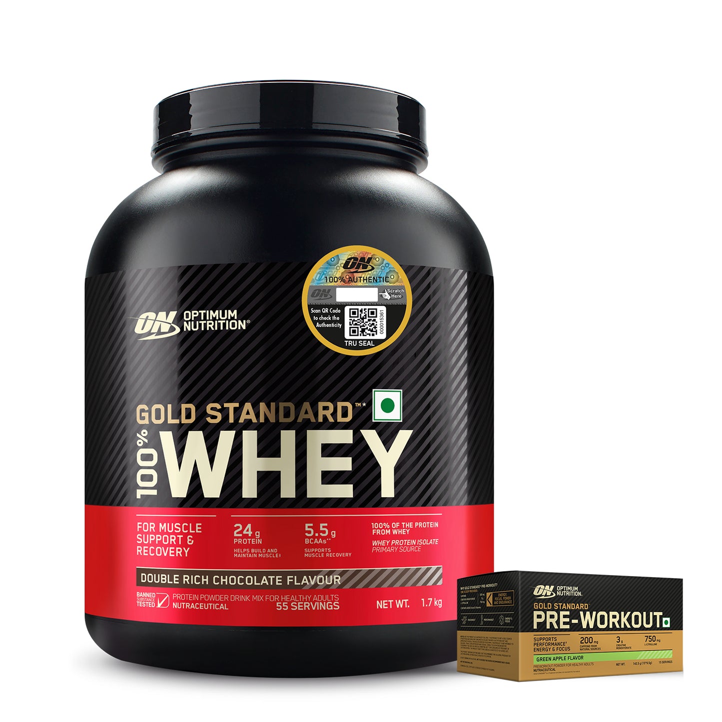Gold Standard 100% Whey Protein Powder  Double Rich Chocolate 1.7 kg + Pre Workout Green Apple