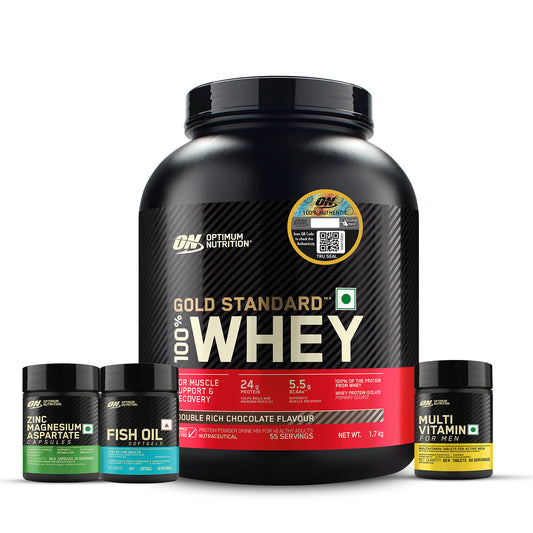 Gold Standard 100% Whey Protein Powder  Double Rich Chocolate 1.7 kg +  Multivitamin for MEN- 60 Tablets + Zinc Magnesium Aspartate (ZMA) - 60 Capsules + Fish Oil - 60 Capsules