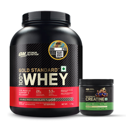 Gold Standard 100% Whey Protein Powder  Double Rich Chocolate 1.7 kg and Micronised Creatine Powder  Unflavoured 250 g