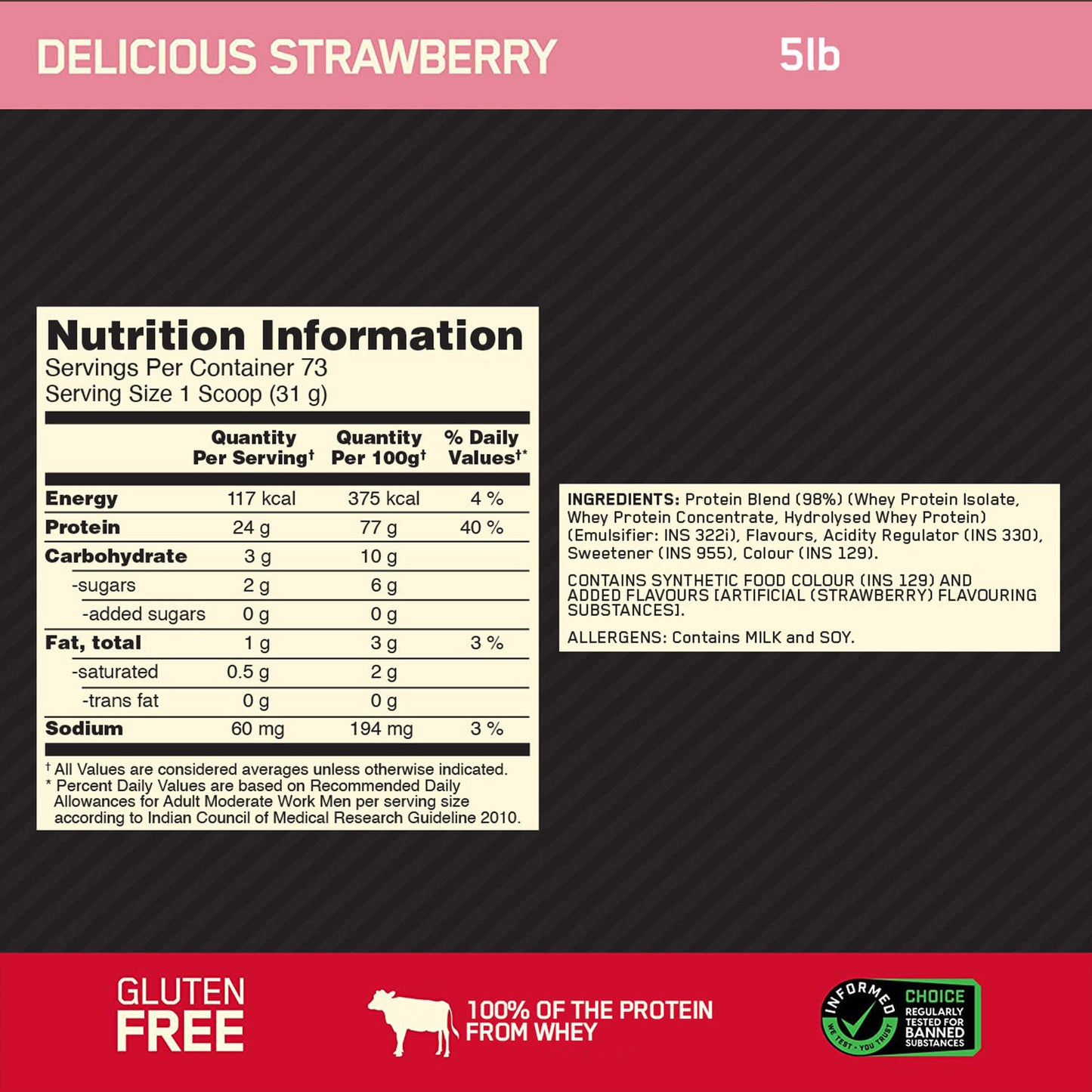 Gold Standard 100% Whey Protein Powder | Delicious Strawberry | 5 lbs