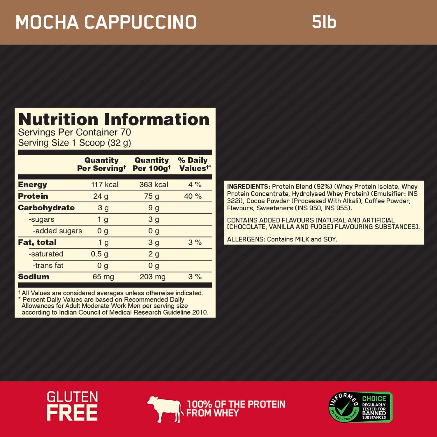 Gold Standard 100% Whey Protein Powder | Mocha Cappuccino | 5 lbs