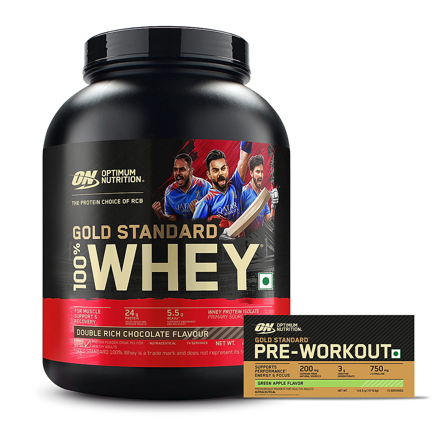 Gold Standard 100% Whey Protein Powder | Double Rich Chocolate | 5 lbs and Optimum Nutrition (ON) Gold Standard Pre-Workout- 142.5g/15 single serve packs (Green Apple Flavor), For Energy, Focus, Power, Endurance & Performance