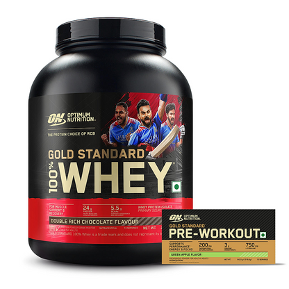 Gold Standard 100% Whey Protein Powder | Double Rich Chocolate | 5 lbs and Optimum Nutrition (ON) Gold Standard Pre-Workout- 142.5g/15 single serve packs (Green Apple Flavor), For Energy, Focus, Power, Endurance & Performance