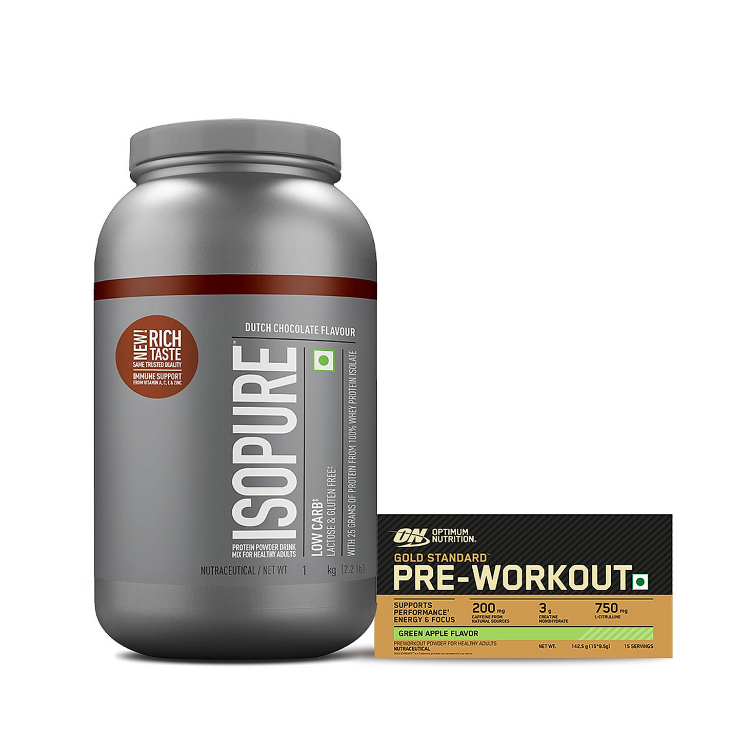 Isopure Low Carb Whey Protein Isolate Powder | Dutch Chocolate | 1 Kg + Optimum Nutrition (ON) Gold Standard Pre-Workout- 142.5g/15 single serve packs