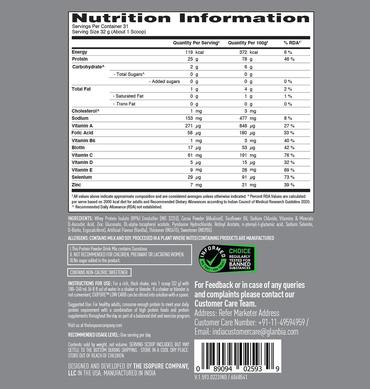 Isopure Low Carb Whey Protein Isolate Powder | Dutch Chocolate | 1 Kg + Optimum Nutrition (ON) Gold Standard Pre-Workout- 142.5g/15 single serve packs