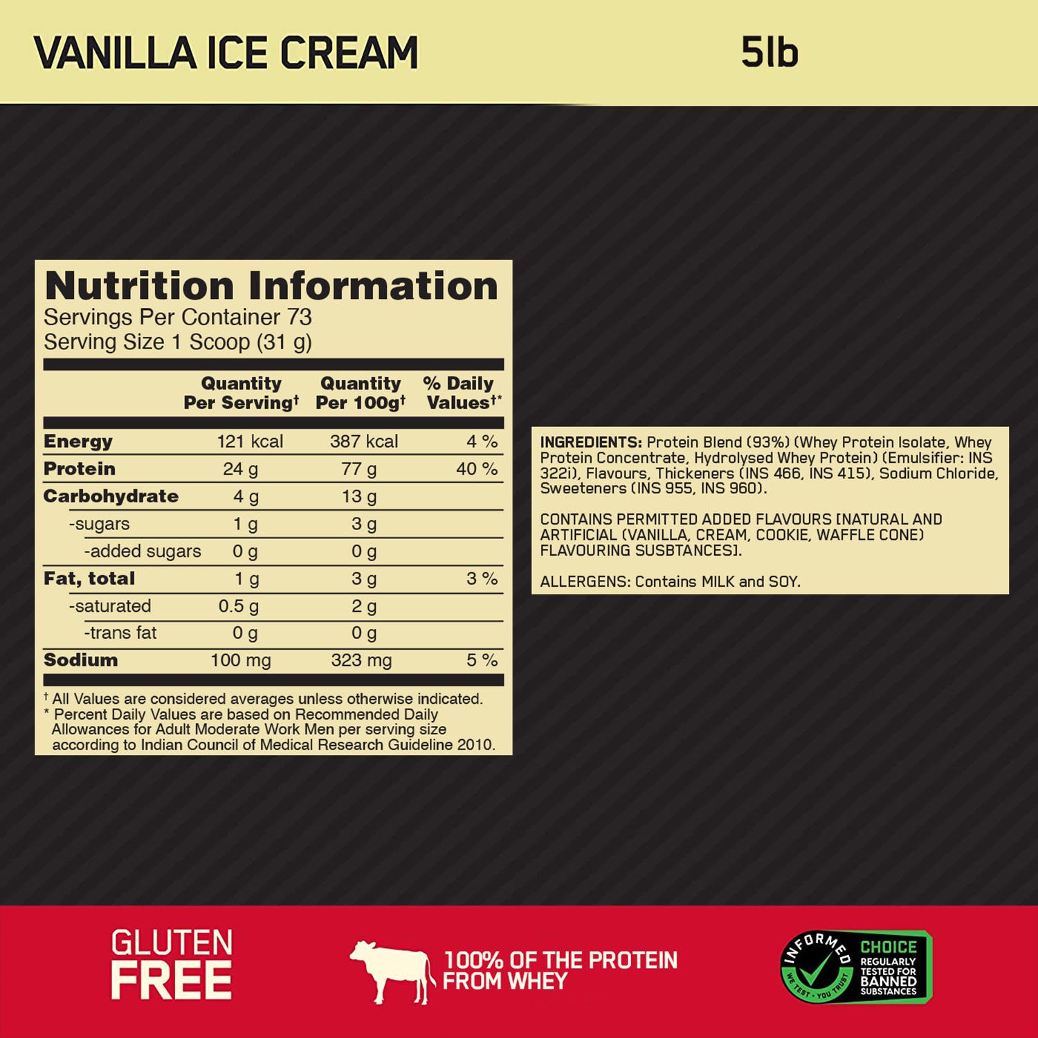 Gold Standard 100% Whey Protein Powder | Vanilla Ice Cream | 5 lbs and Micronised Creatine Powder | Unflavoured | 250 g