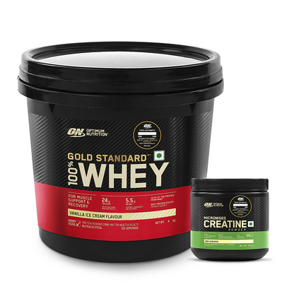 Muscle & Hydration Pro (Vanilla) -  Gold Standard 100% Whey Protein Powder Vanilla Ice Cream  4 kg + Micronized Creatine Powder Unflavoured 250 g + FREE Black Insulated Bottle