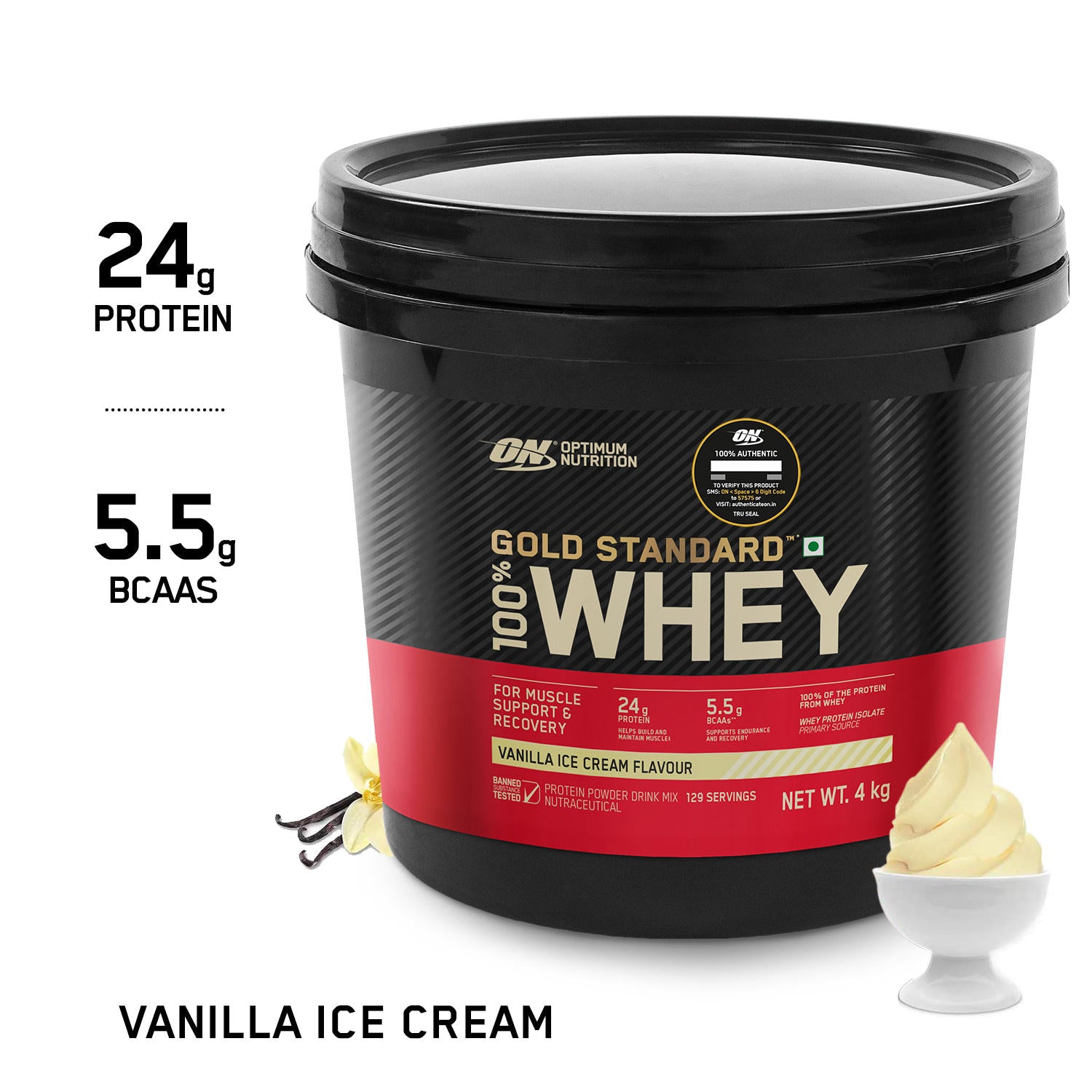 Gold Standard 100% Whey Protein Powder | Vanilla Ice Cream | 4 kg and Micronized Creatine Powder | Unflavoured|100 g
