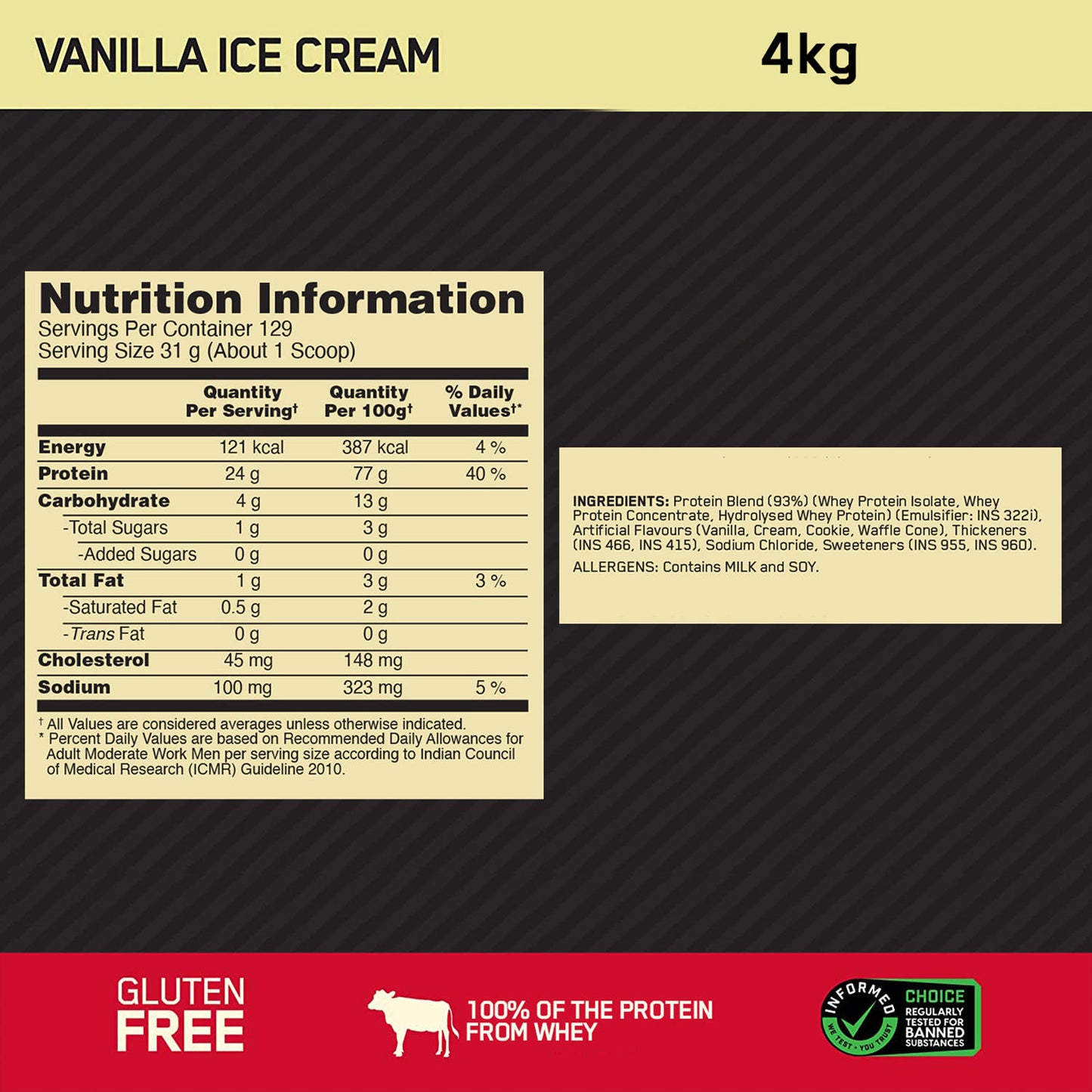 Gold Standard 100% Whey Protein Powder | Vanilla Ice Cream | 4 kg and Micronized Creatine Powder | Unflavoured|100 g