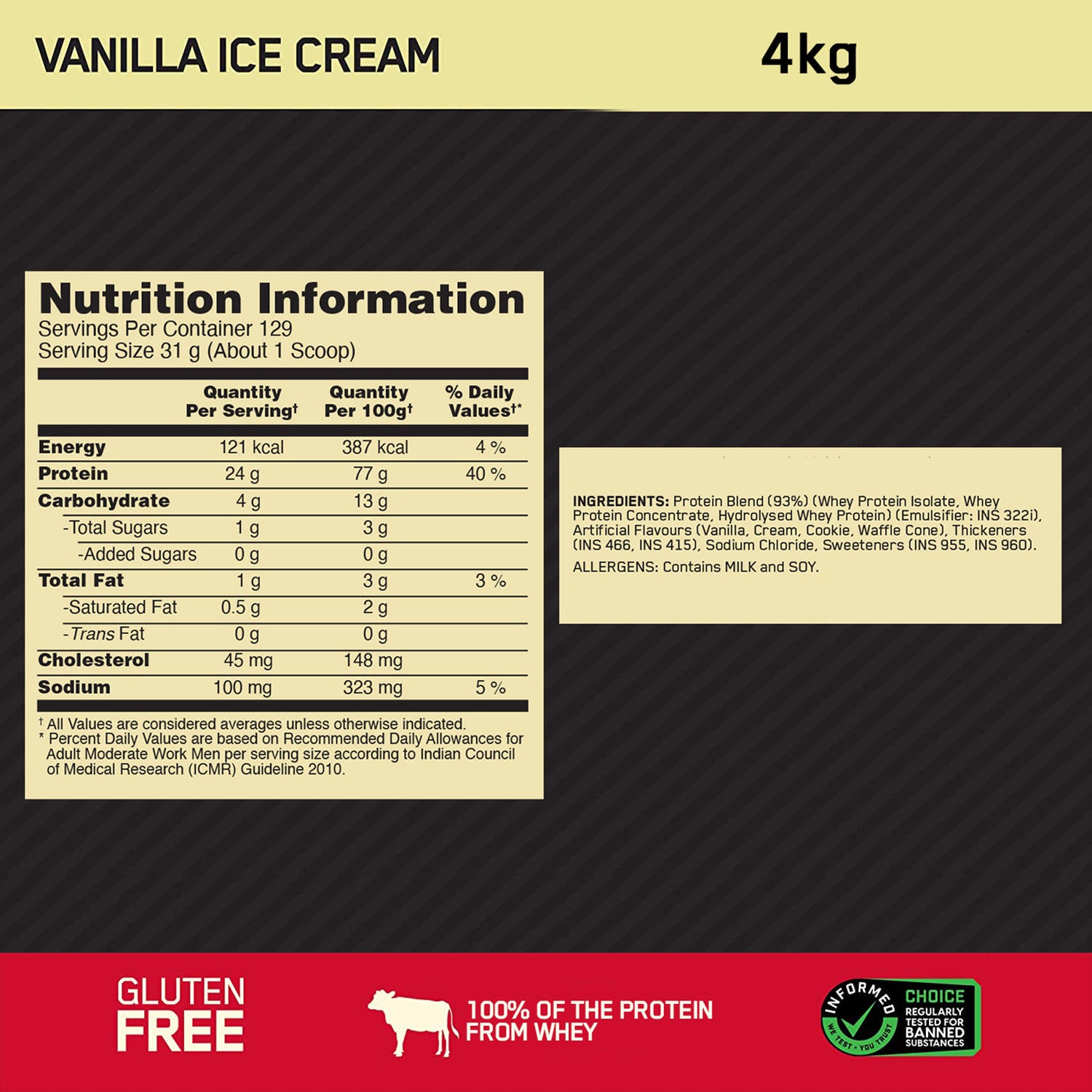 Gold Standard 100% Whey Protein Powder | Vanilla Ice Cream | 4 kg and Micronized Creatine Powder | Unflavoured|100 g