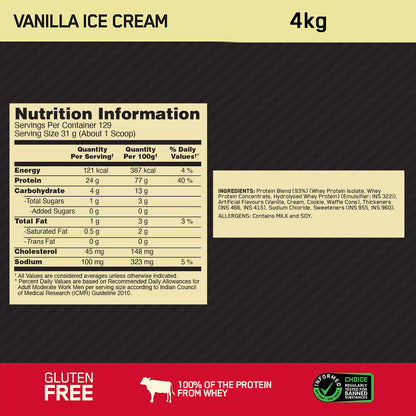 Gold Standard 100% Whey Protein Powder | Vanilla Ice Cream | 4 kg and Micronized Creatine Powder | Unflavoured|100 g