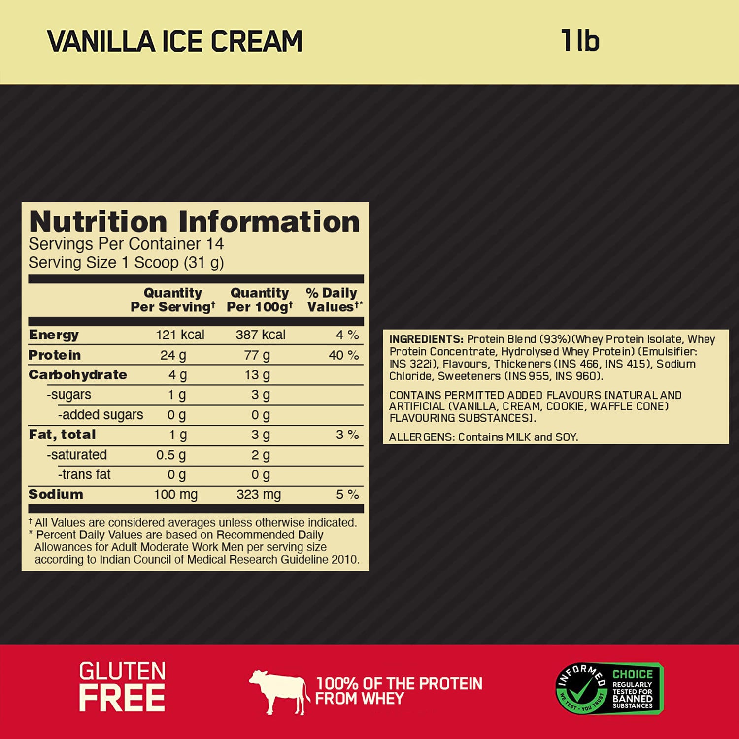 Gold Standard 100% Whey Protein Powder | Vanilla Ice Cream | 1 lbs