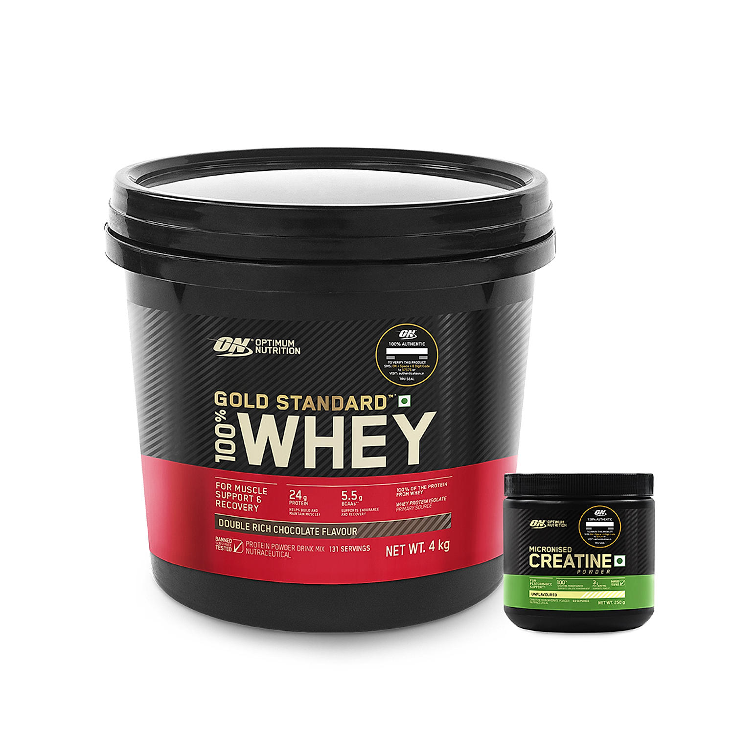 Muscle & Hydration Pro (Chocolate) -  Gold Standard 100% Whey Protein Powder Double Rich Chocolate 4 kg + Micronised Creatine Powder Unflavoured 250 g + FREE Black Insulated Bottle