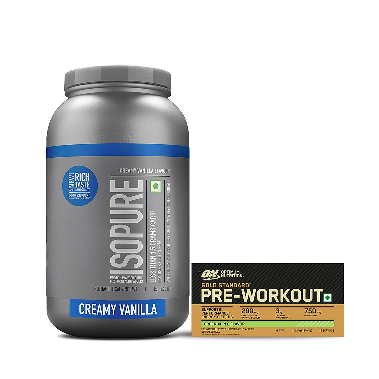 Isopure Whey Protein Isolate Powder with Vitamins for Immune Support |Creamy Vanilla | 1 Kg and Optimum Nutrition (ON) Gold Standard Pre-Workout- 142.5g/15 single serve packs (Green Apple Flavor), For Energy, Focus, Power, Endurance & Performance