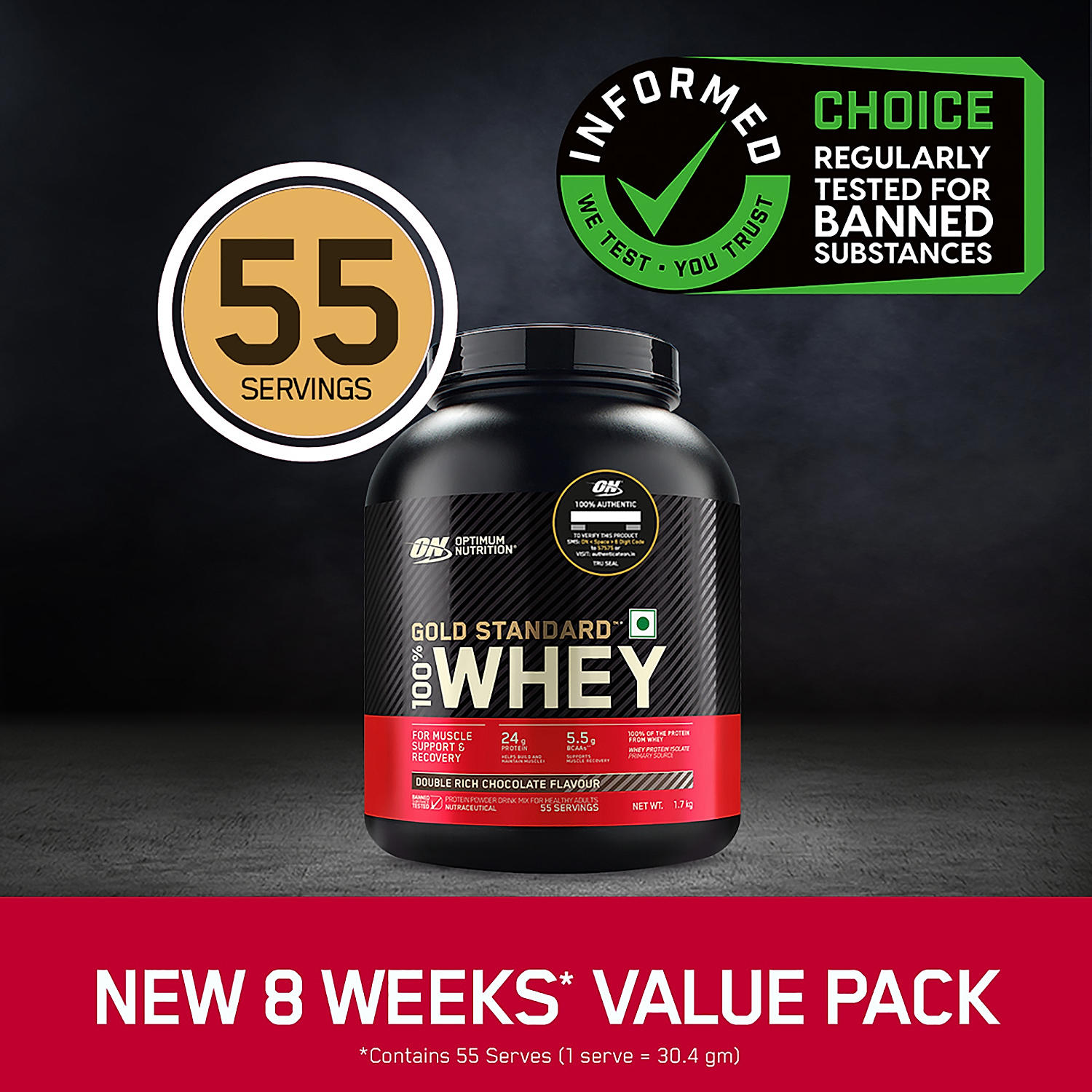 Gold Standard 100% Whey Protein Powder  Double Rich Chocolate 1.7 kg and Micronised Creatine Powder  Unflavoured 250 g