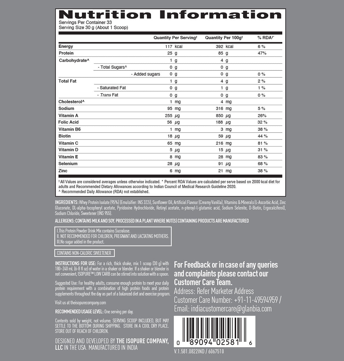 Isopure Whey Protein Isolate Powder with Vitamins for Immune Support |Creamy Vanilla | 1 Kg