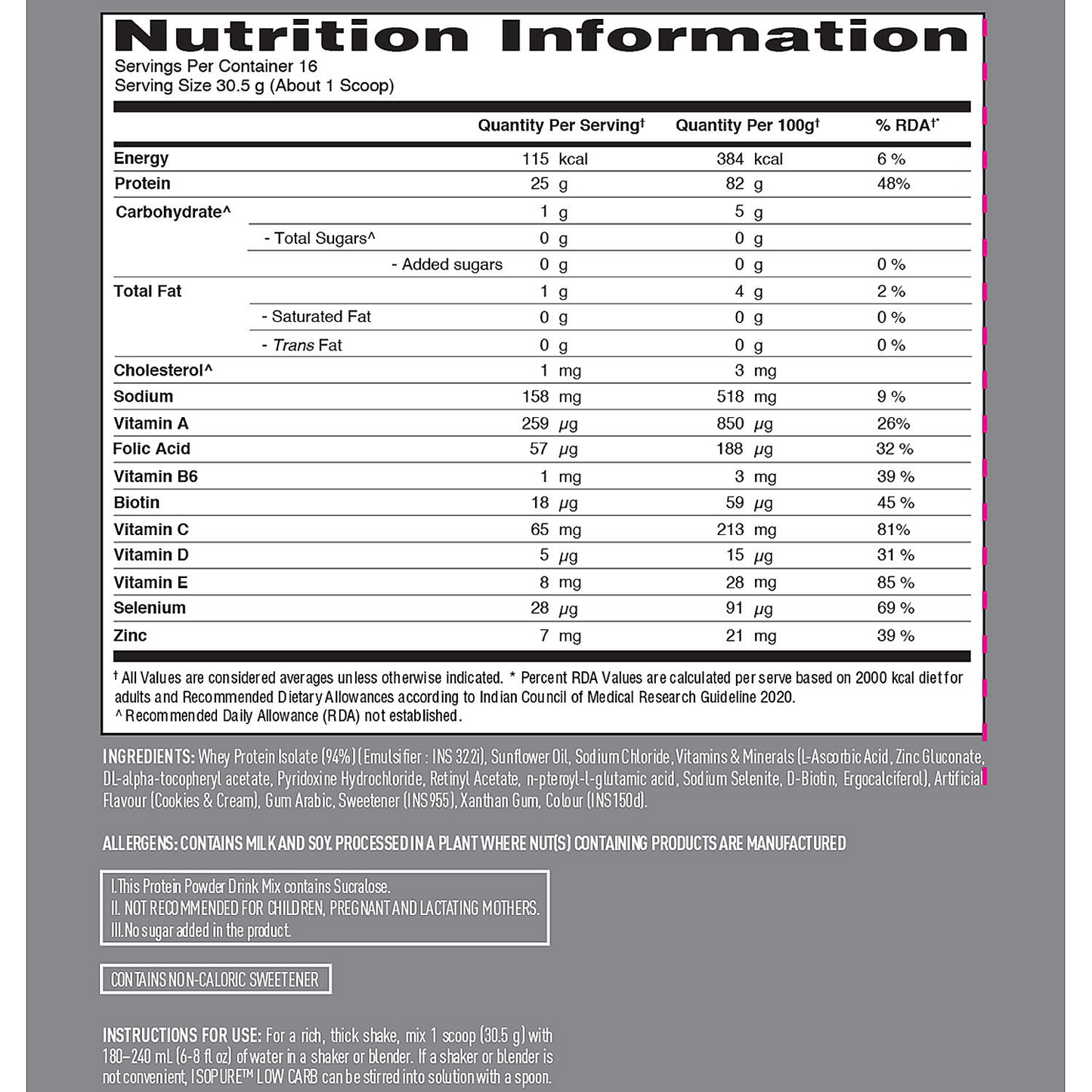 Isopure Cookies & Cream - 500g / 1.1lb (Low Carb, Lactose-Free, Zero Added Sugar)