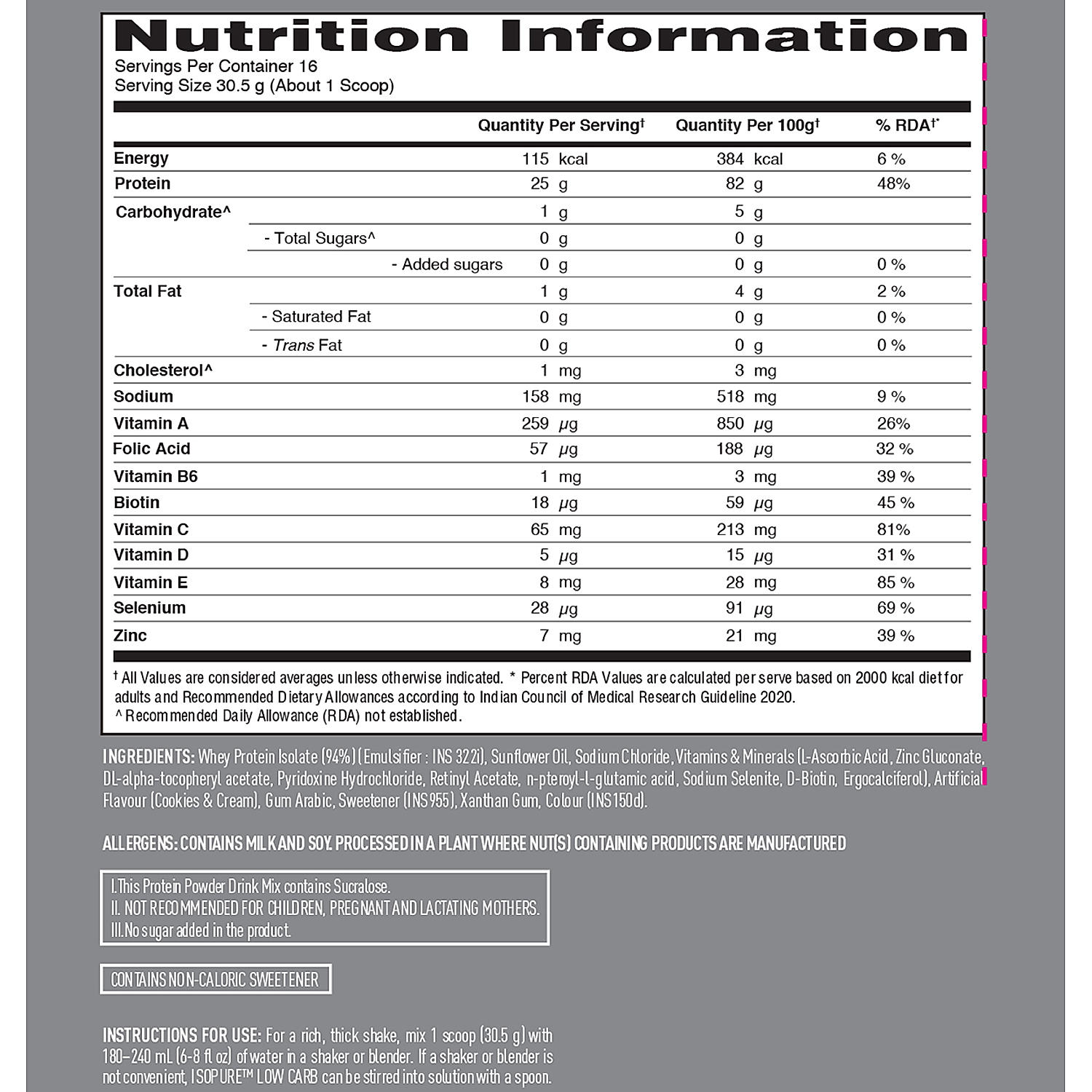Isopure Cookies & Cream - 500g / 1.1lb (Low Carb, Lactose-Free, Zero Added Sugar)