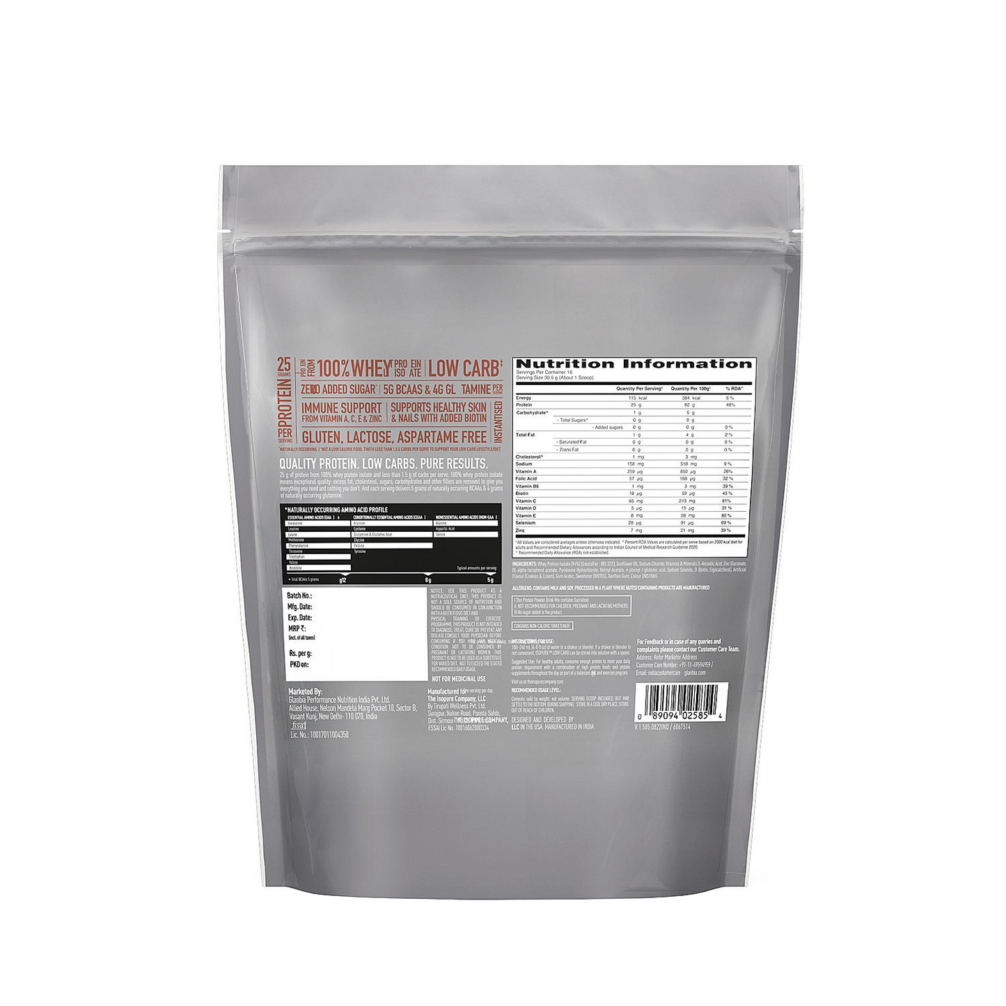 Isopure Cookies & Cream - 500g / 1.1lb (Low Carb, Lactose-Free, Zero Added Sugar)