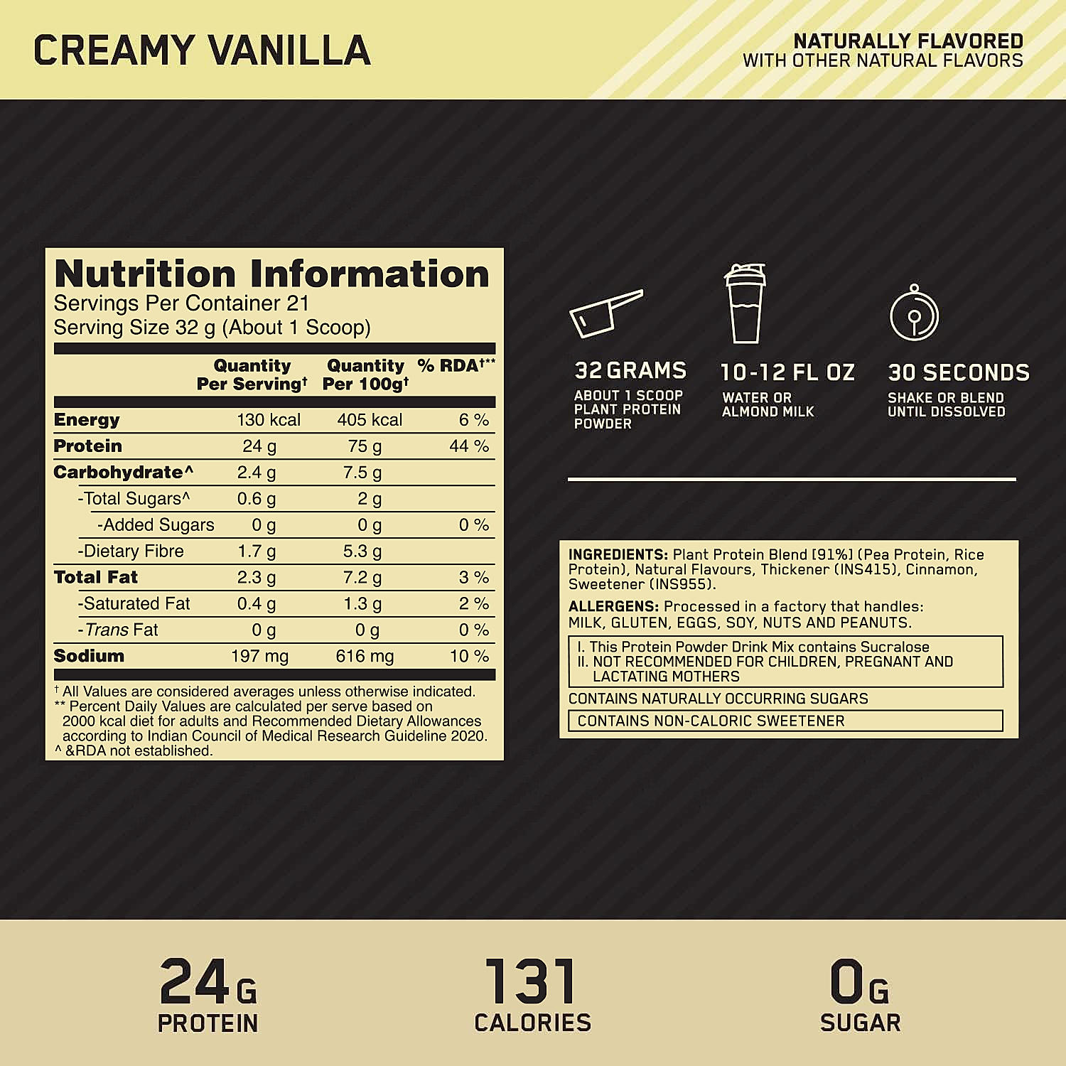 Optimum Nutrition (ON) Gold Standard 100% Plant Protein - 21 Serve, 684 g (French Vanilla Creme), Vegan, Complete Amino Acid Profile,  Zero Added Sugars, Gluten-Free. 