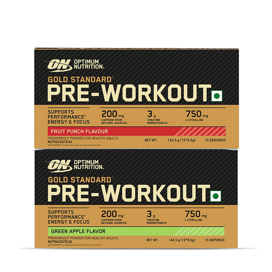 Optimum Nutrition (ON) Gold Standard Pre-Workout- 142.5g/15 single serve packs (Fruit Punch Flavor), For Energy, Focus, Power, Endurance & Performance and Optimum Nutrition Gold Standard Pre-Workout- 142.5g/15 single serve packs (Green Apple Flavor) Optimum Nutrition (ON) Gold Standard Pre-Workout- 142.5g/15 single serve packs (Fruit Punch Flavor), For Energy, Focus, Power, Endurance & Performance and Optimum Nutrition Gold Standard Pre-Workout- 142.5g/15 single serve packs (Green Apple Flavor)