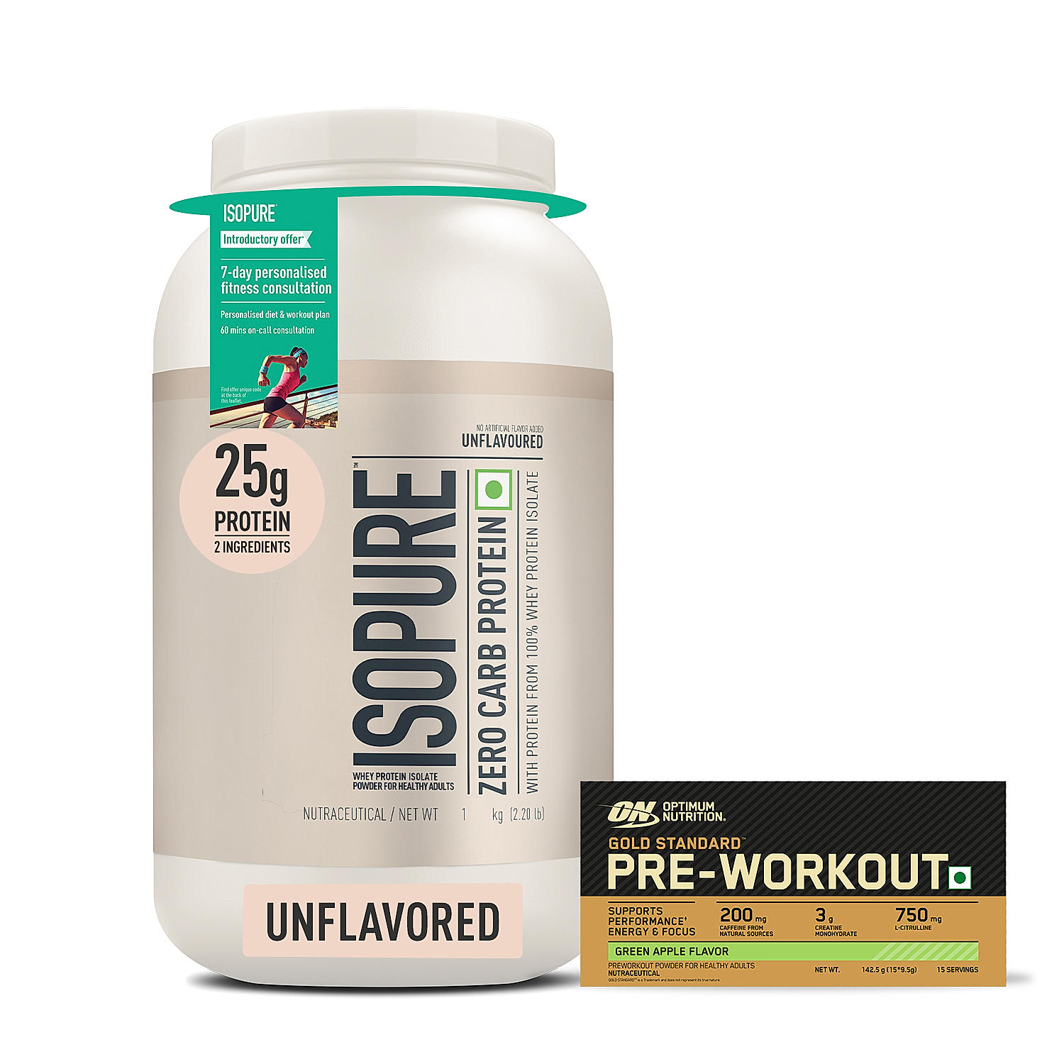 Isopure Zero Carb Protein– 1 kg / 2.2lb (Unflavoured) and Optimum Nutrition (ON) Gold Standard Pre-Workout